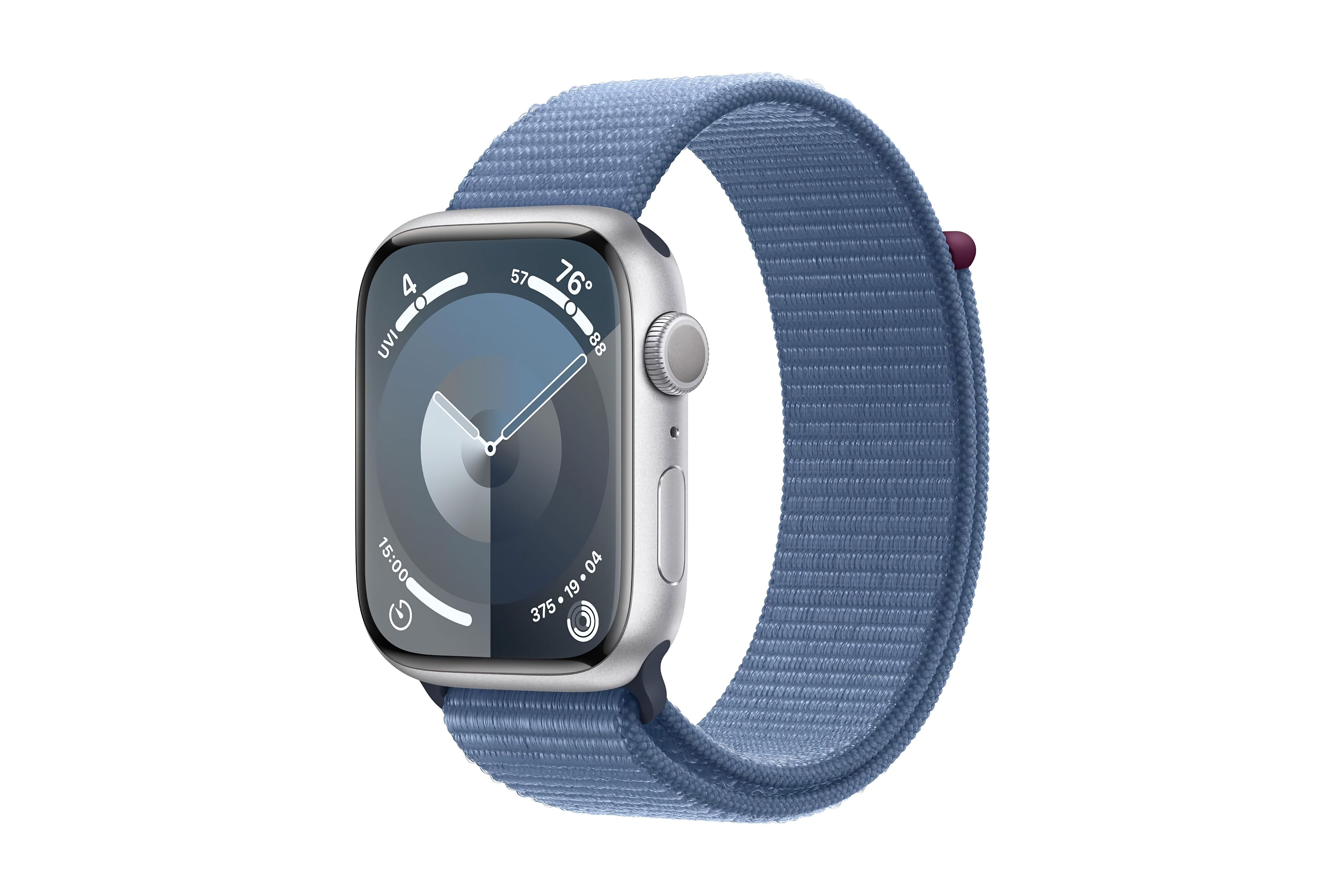 A silver Apple Watch Series 9 with a velcro strap.