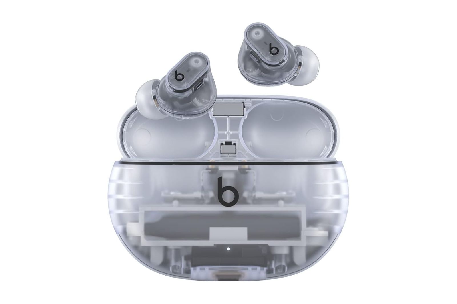 See-through wireless earbuds floating over a matching charging case.