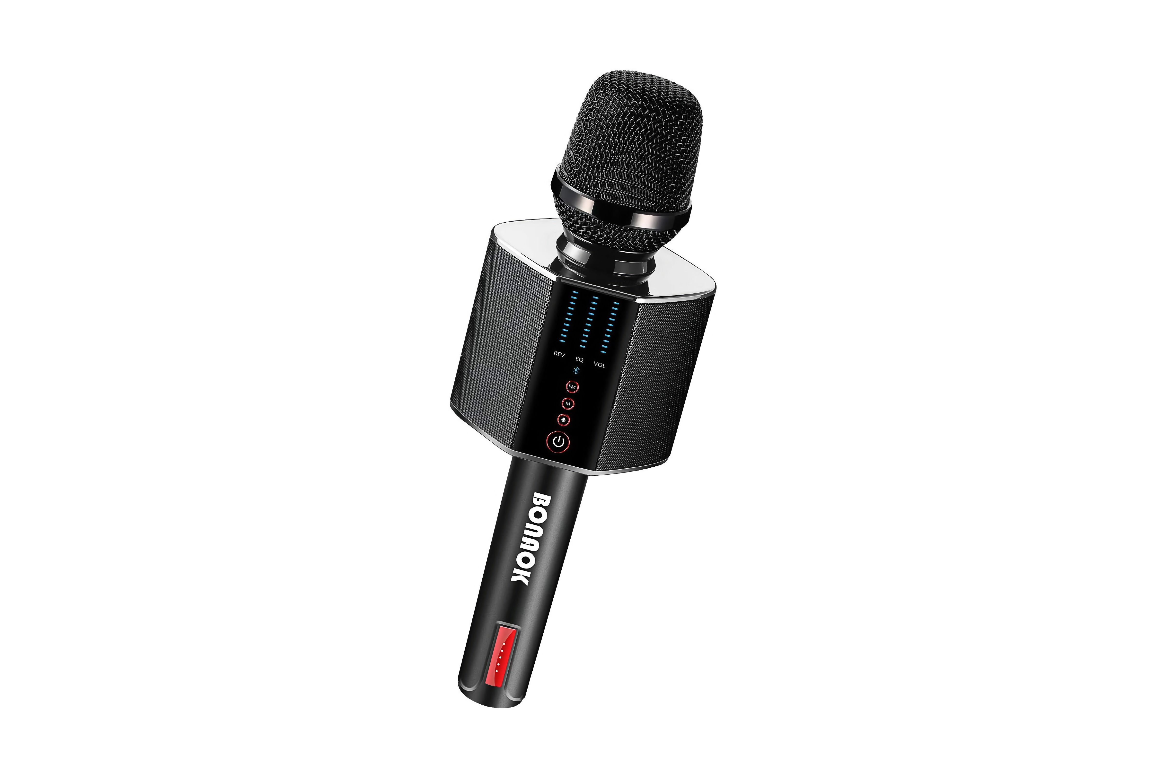 A black Bluetooth microphone with a built-in speaker in the middle.