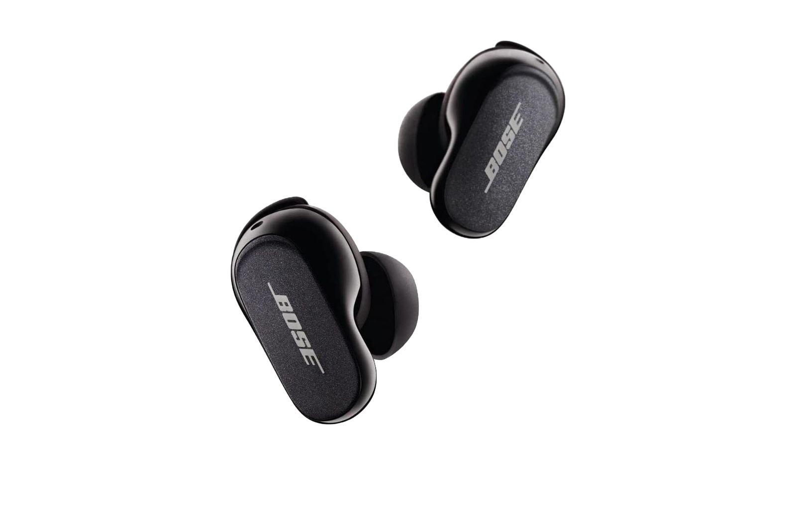 Black wireless earbuds with large ear tips and Bose written on the side.