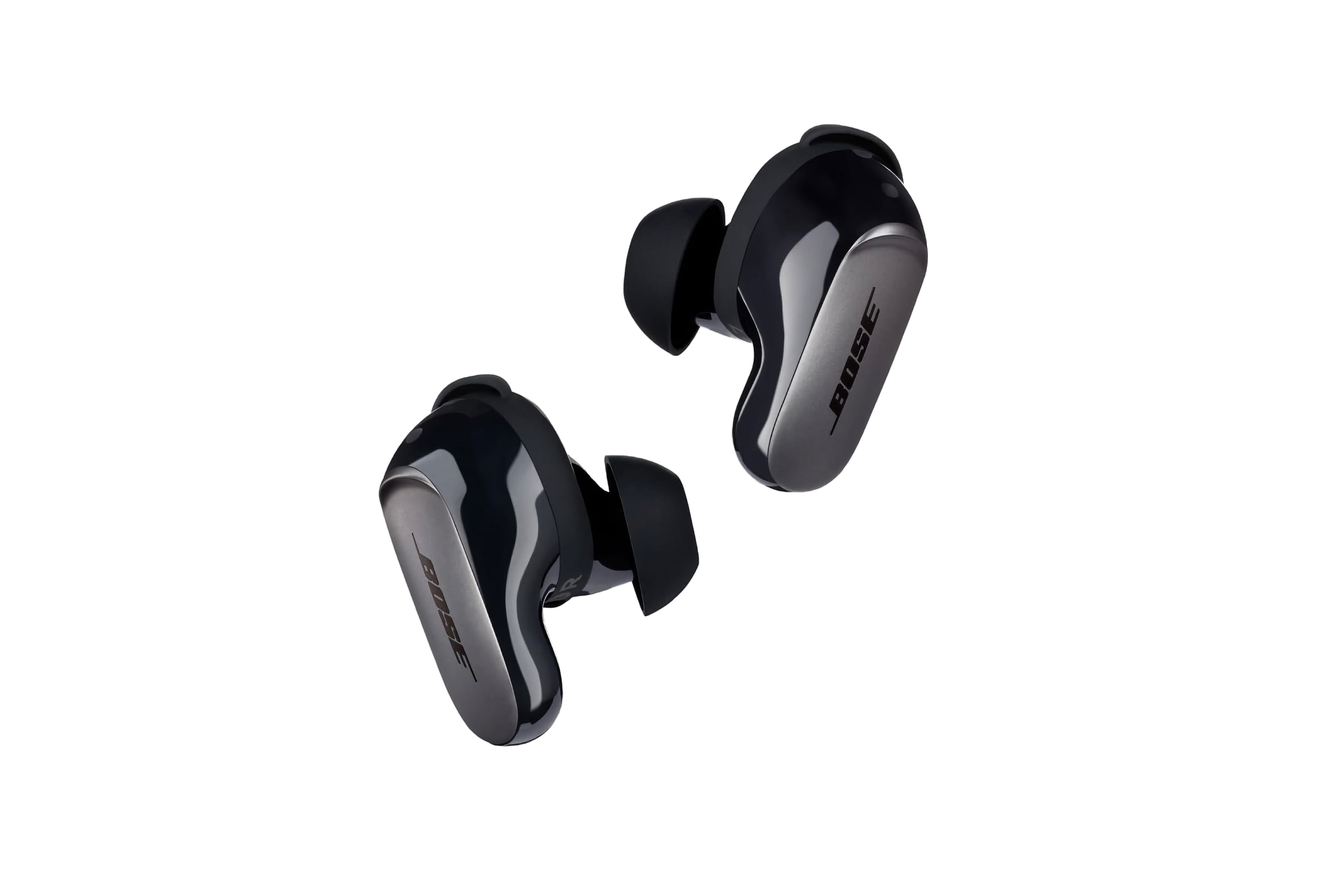 Shiny black wireless earbuds with Bose written on the side.