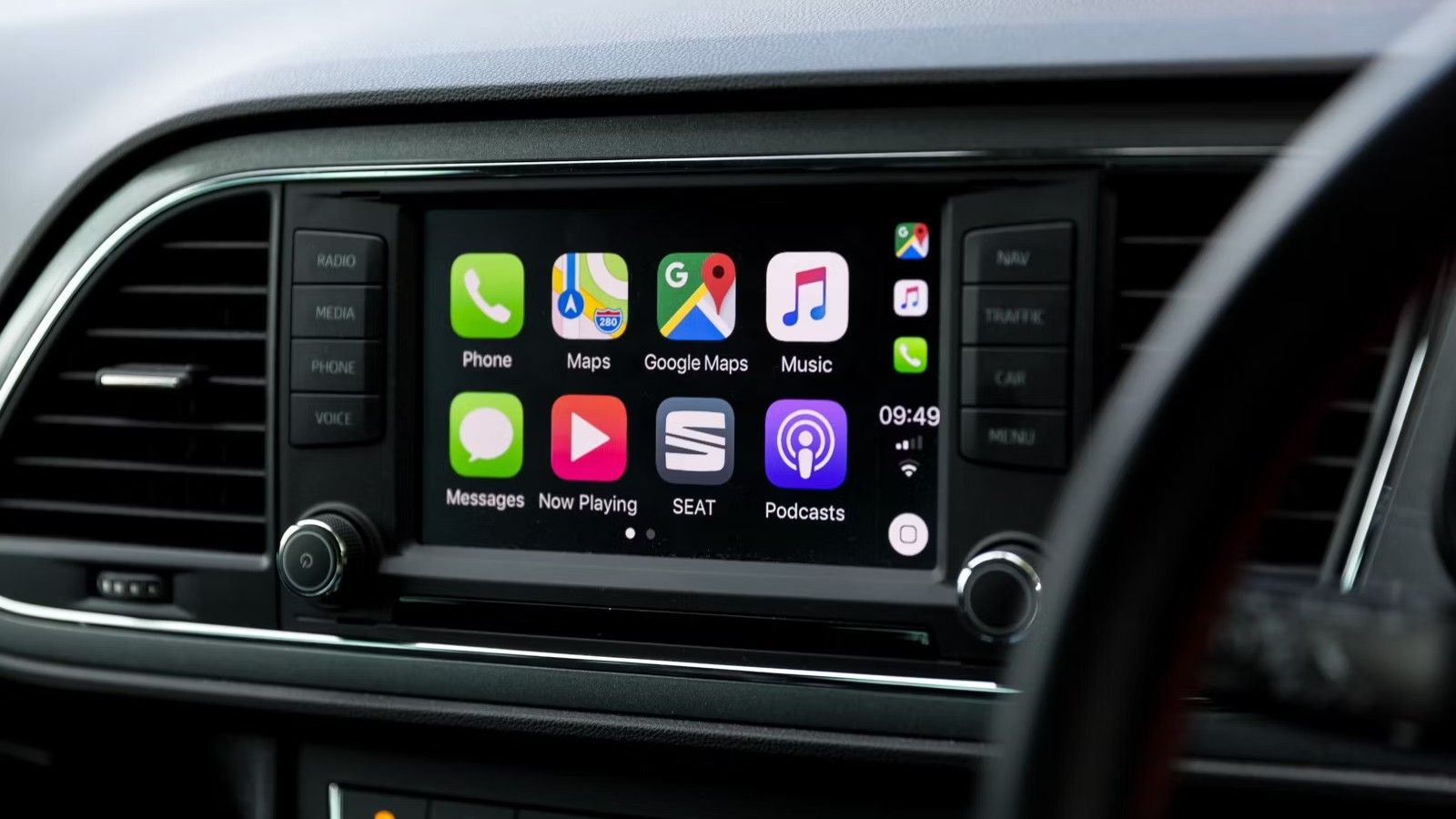 A closeup of Apple CarPlay on an infotainment system