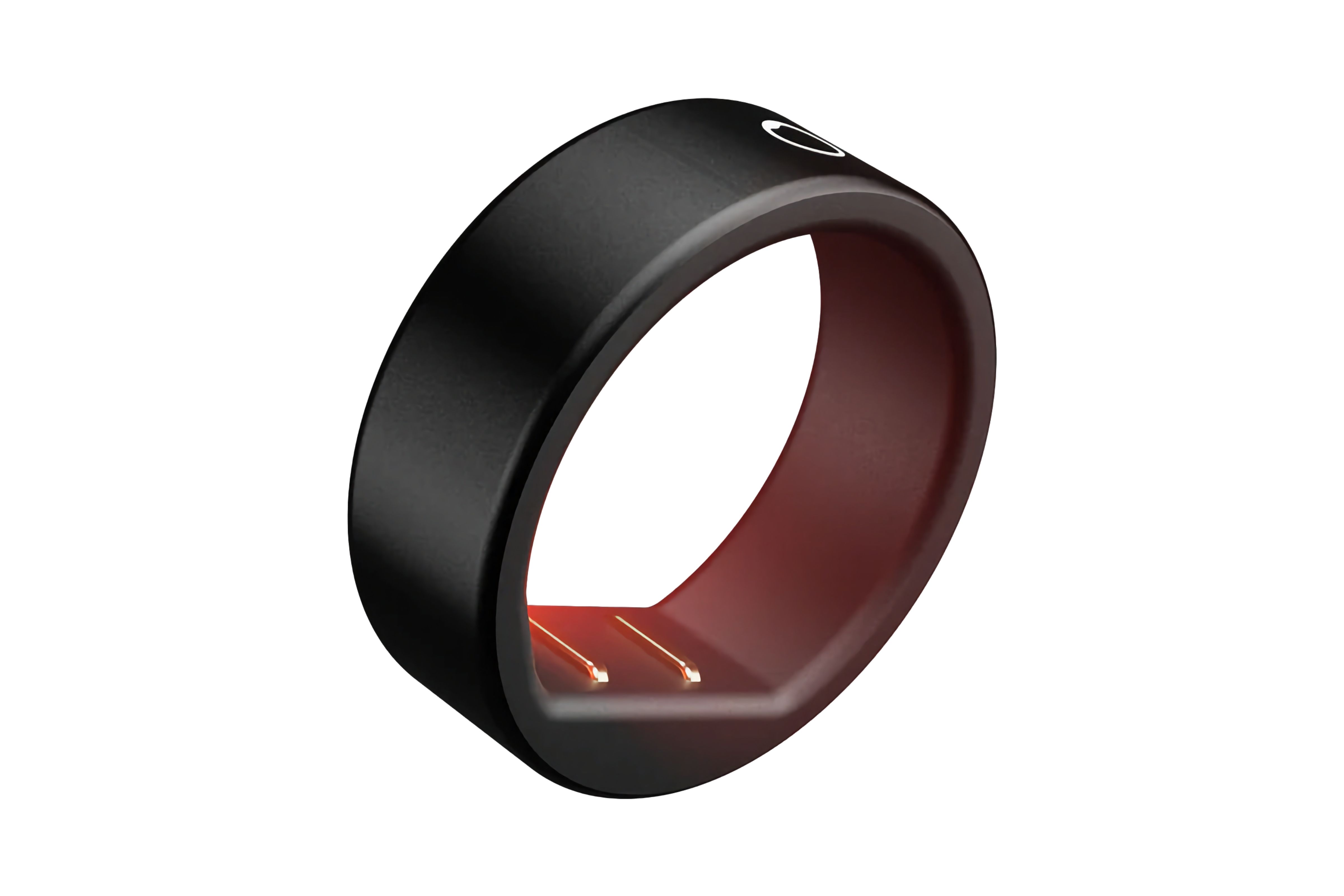 A matte black fitness ring with a flat tire design and exposed sensors on the inside.
