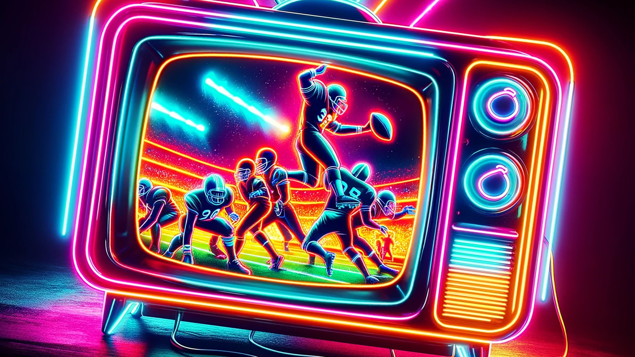Neon art piece that features a vintage television set, with vibrant neon colors highlighting its contours and the screen displaying a dynamic-1