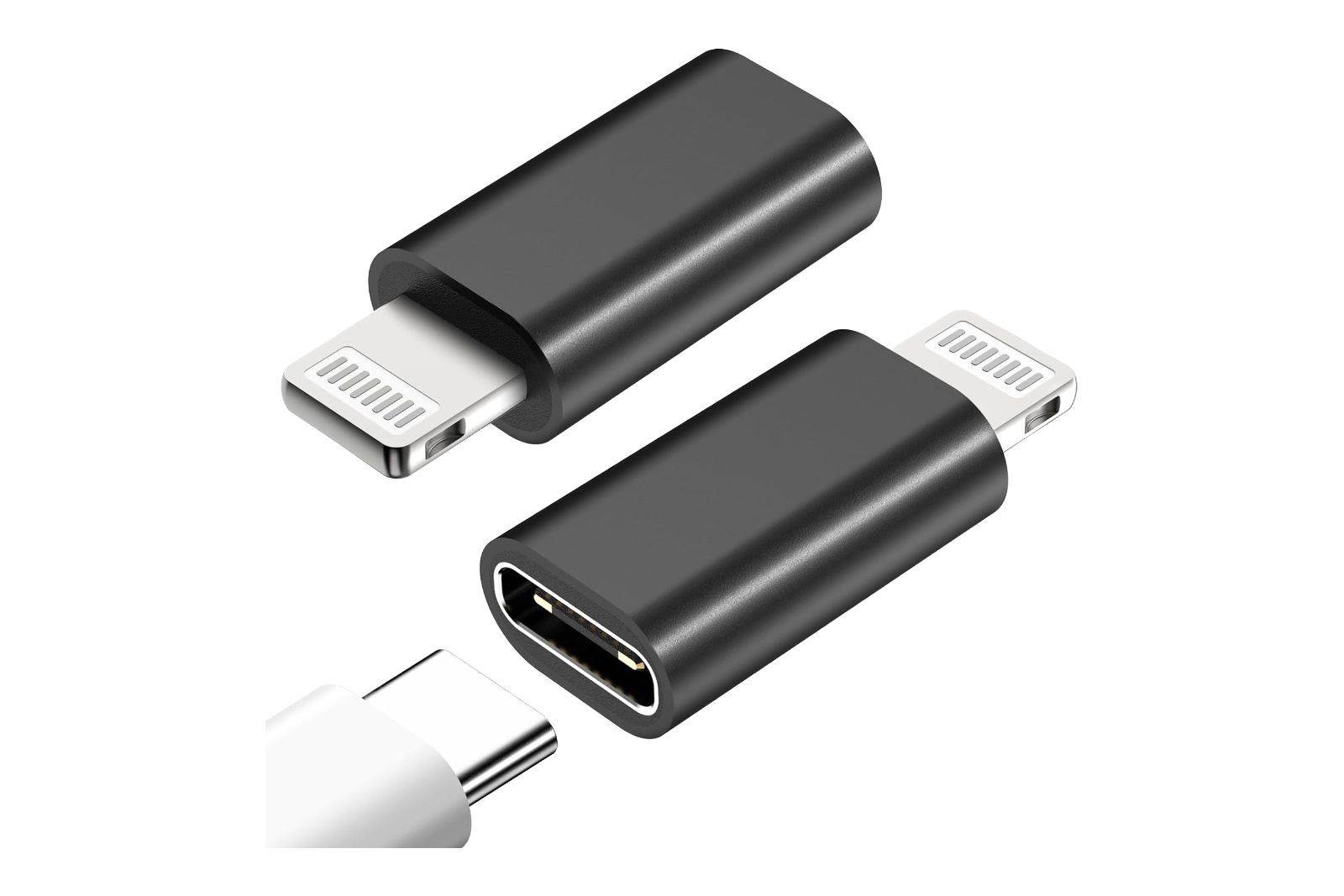 Two compact USB-C to Lightning adapters, one with cable.