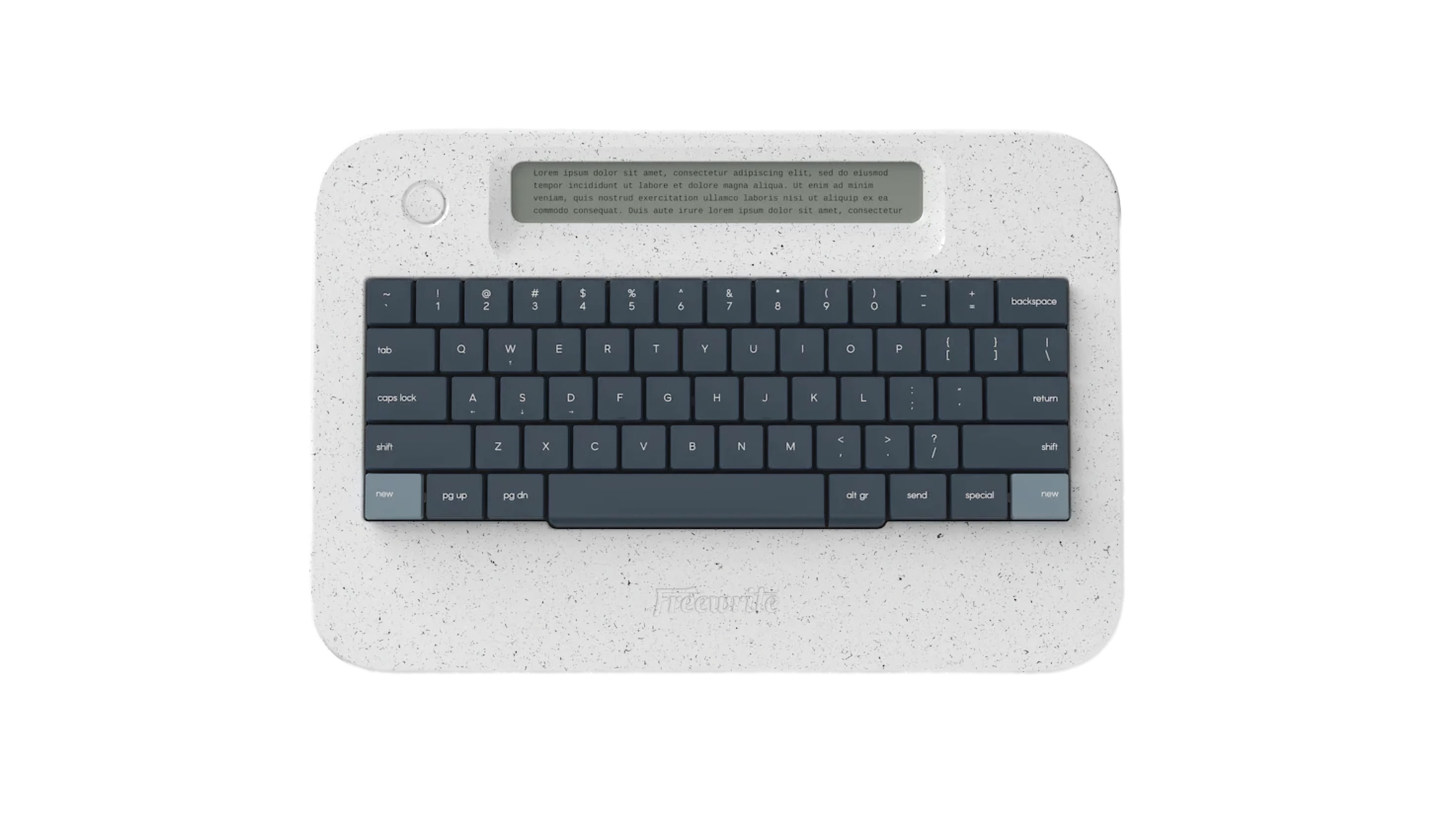 A white speckled Freewrite Alpha with a grey keyboard and LCD display at the top.
