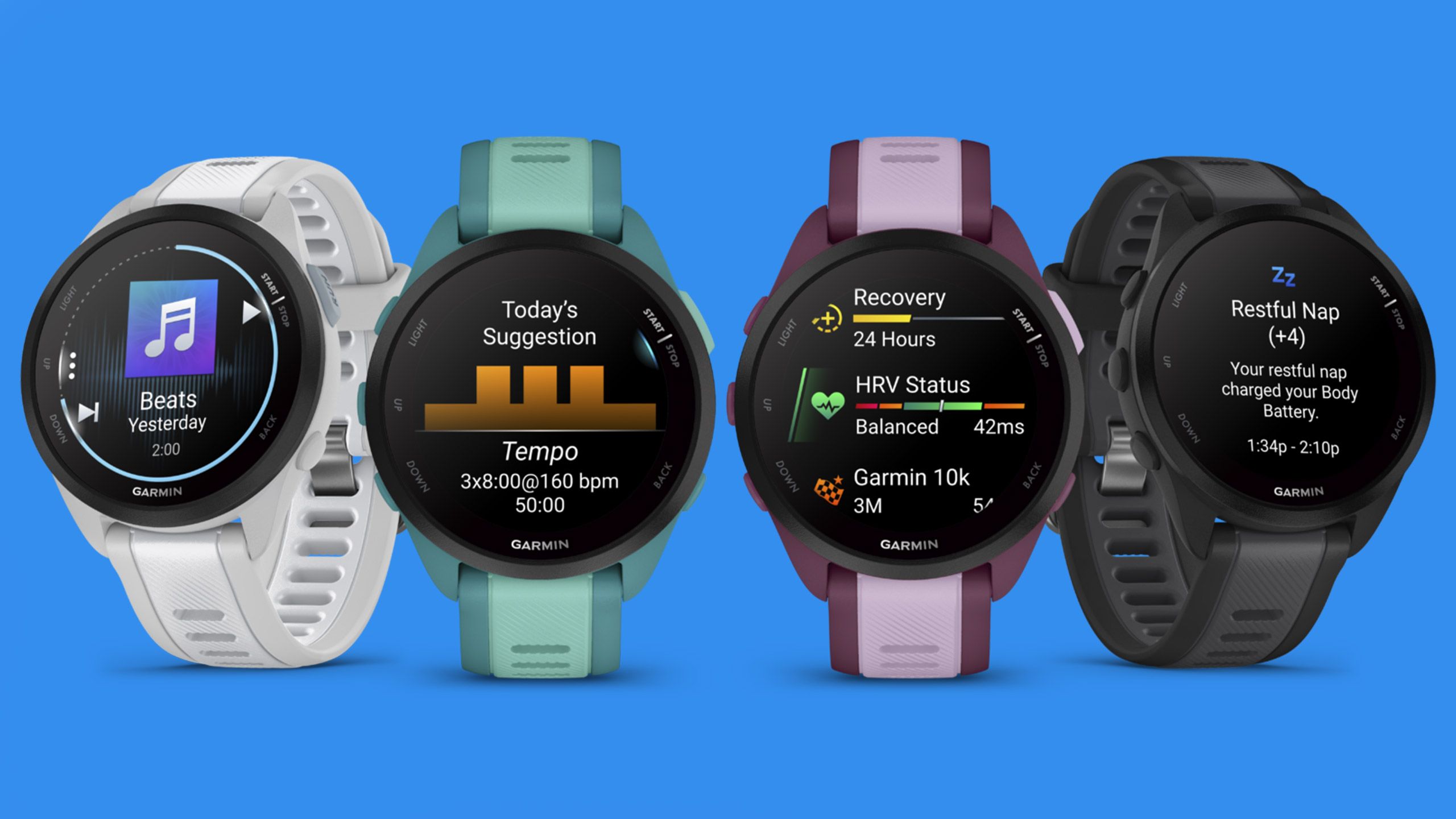 Garmin's new Forerunner 165 smartwatch comes in four different colors -- white, teal, purple and black.
