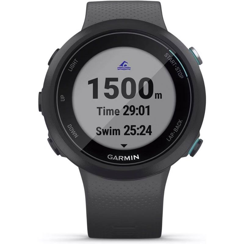 A Garmin Swim 2 smartwatch on a white background