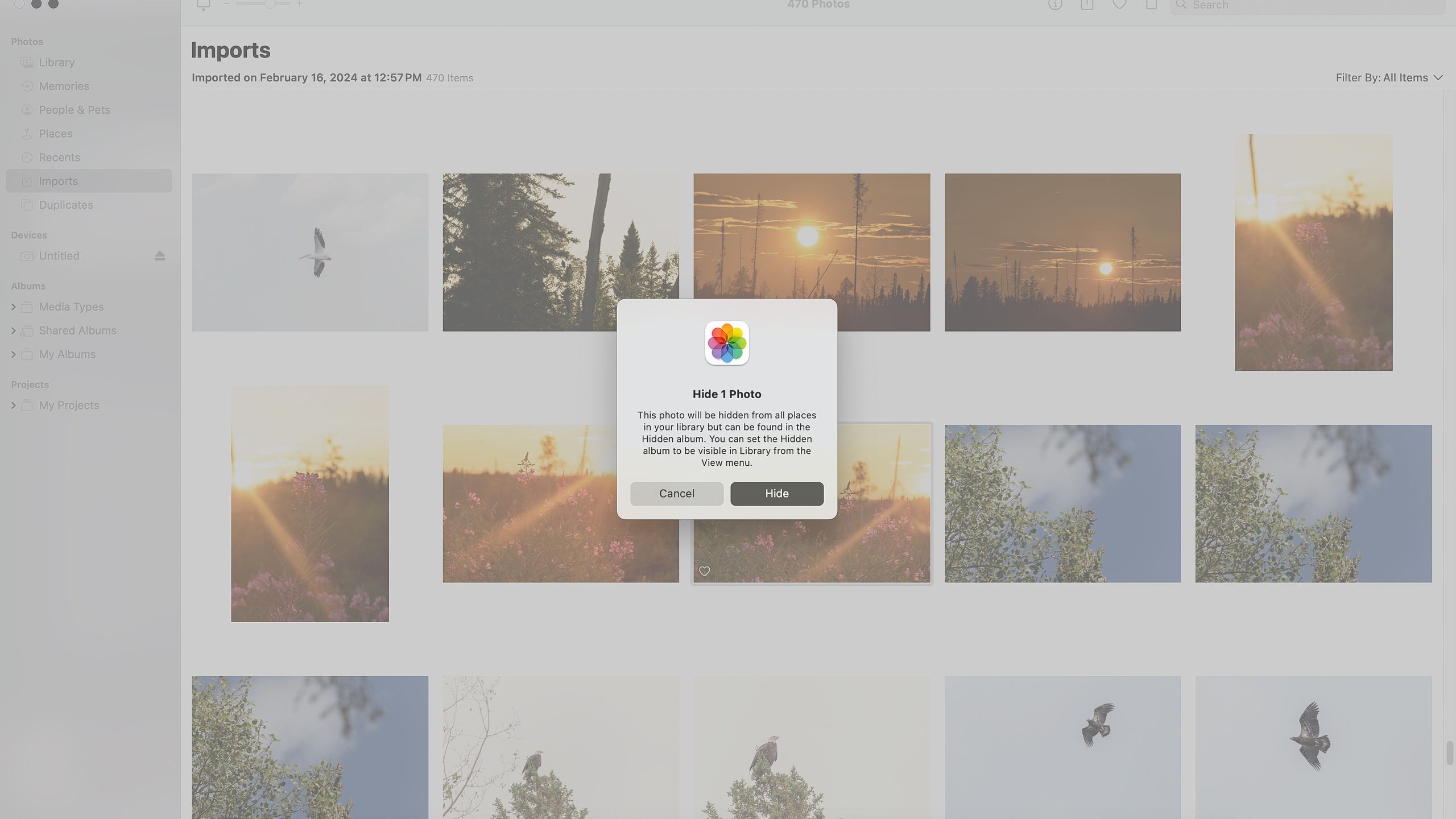 Screenshots of the process to hide a photo on a Mac