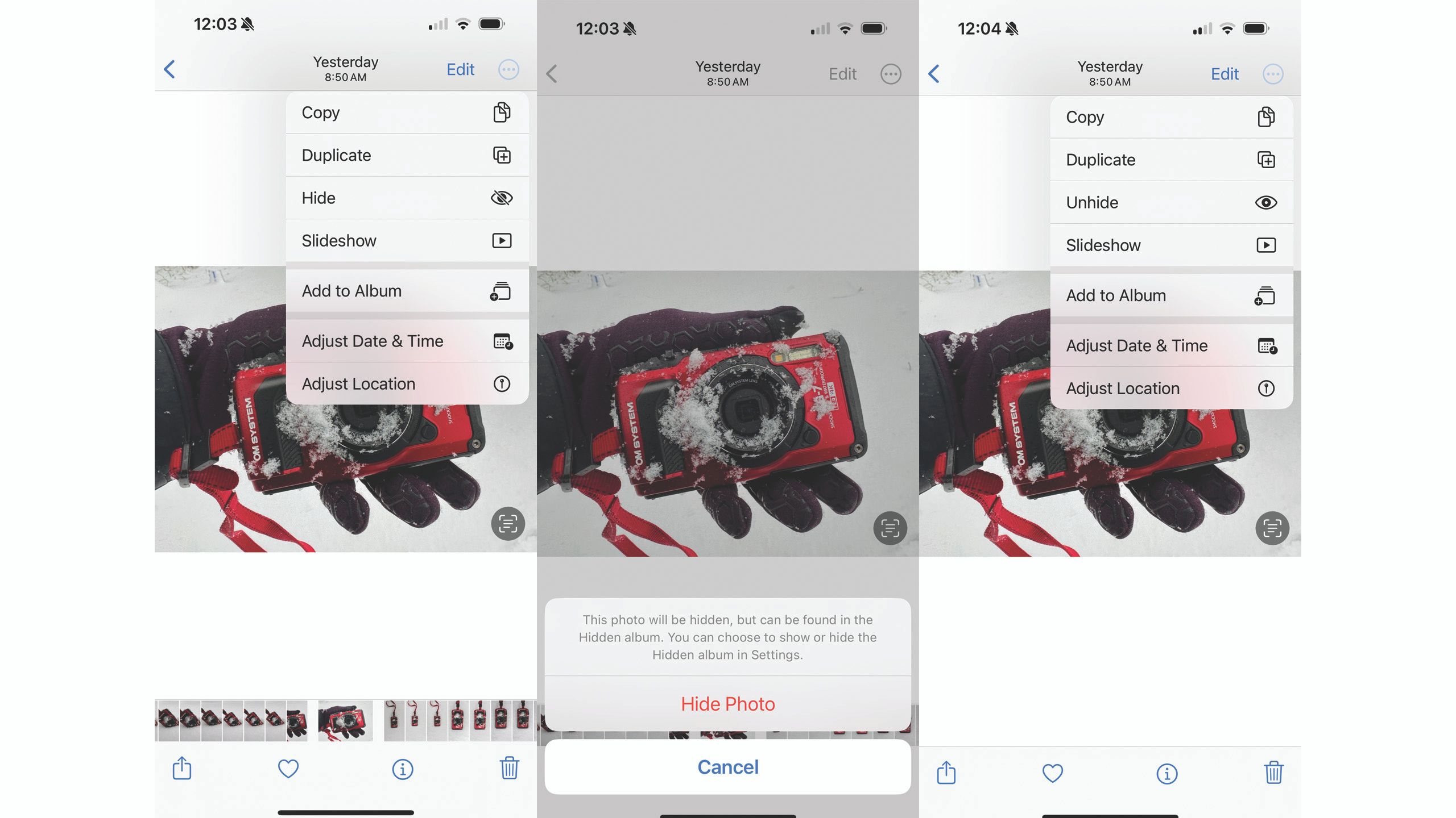Screenshots of the process to hide a photo on an iPhone