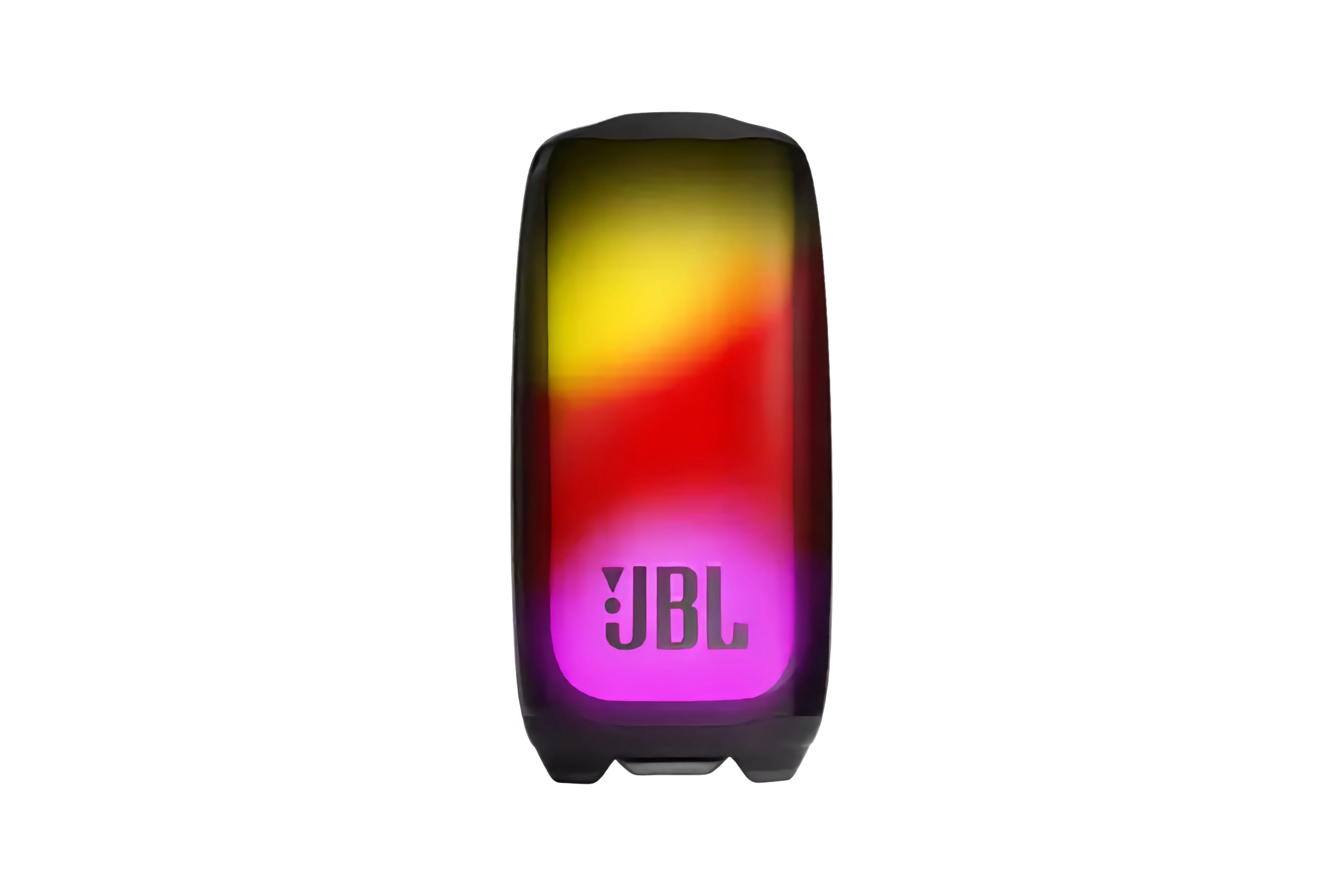 A tube-shaped, rainbow-colored Bluetooth speaker with JBL printed on the side.