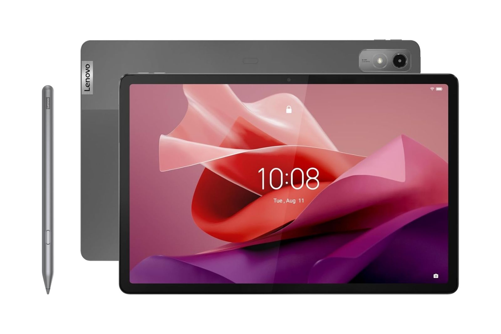 A large grey tablet in front of another tablet, with a stylus to the left.