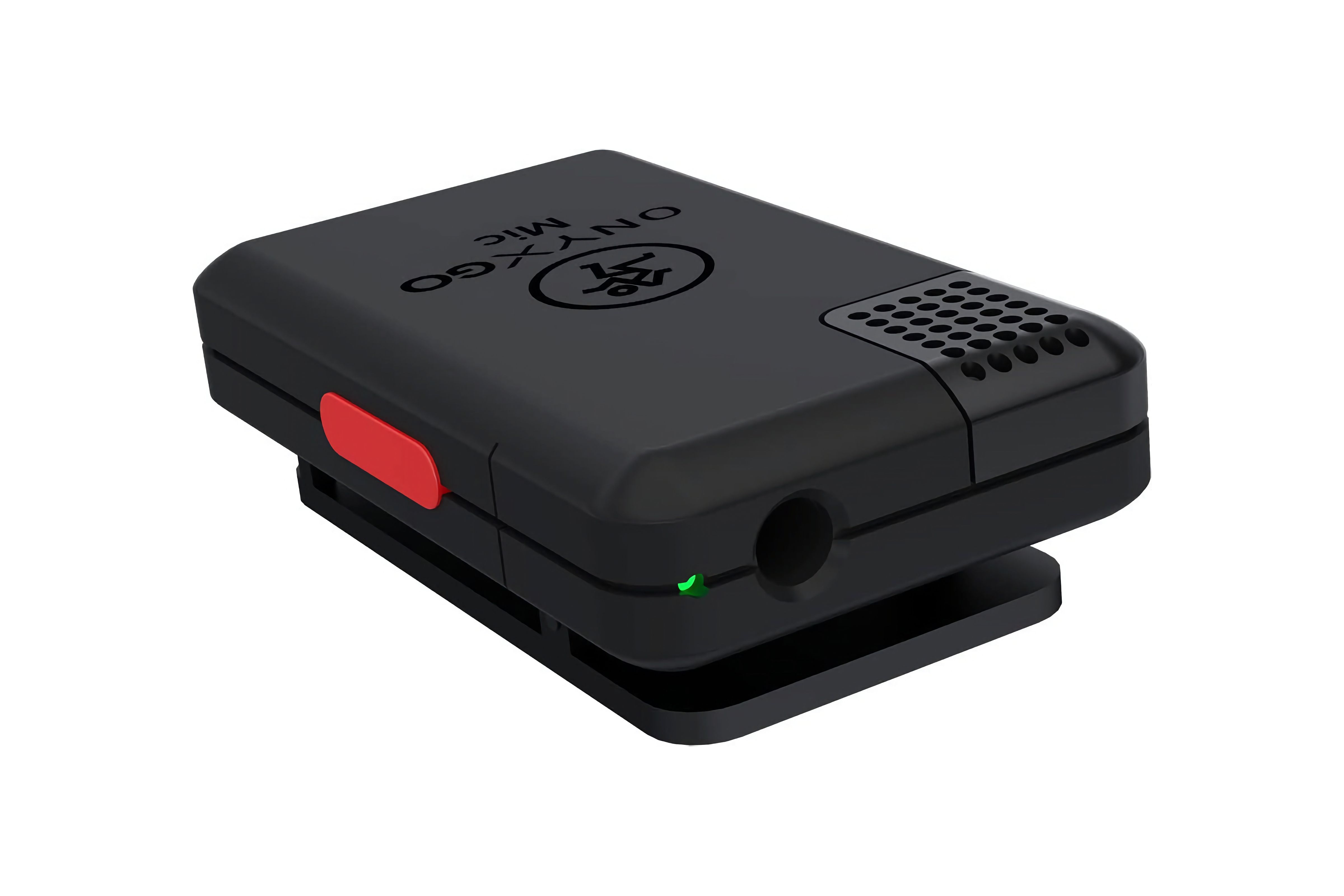 A black, rectangular, clip-on Bluetooth microphone with a red button on the side.