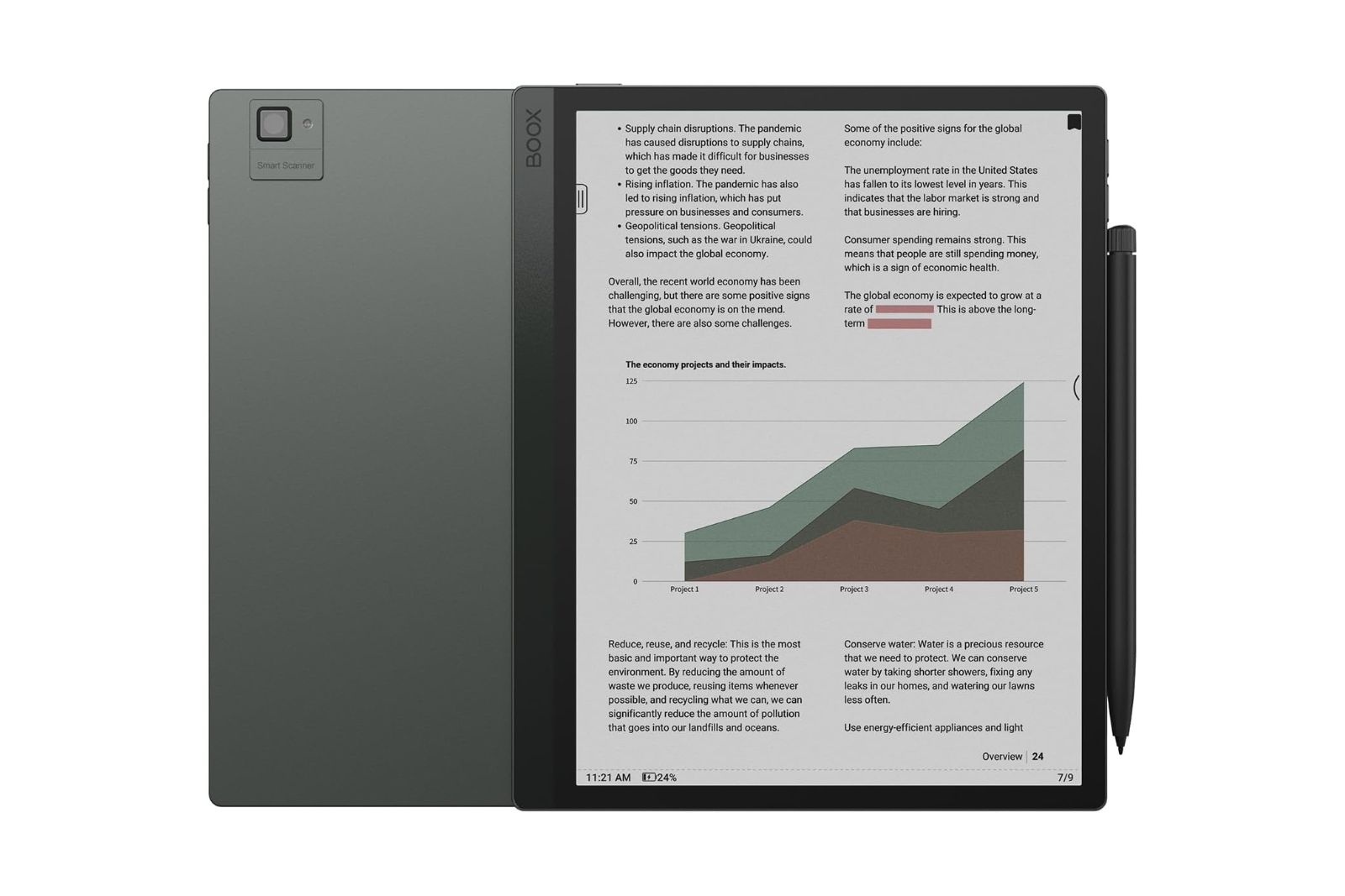 A rectangular color E Ink tablet with a stylus attached to the side.