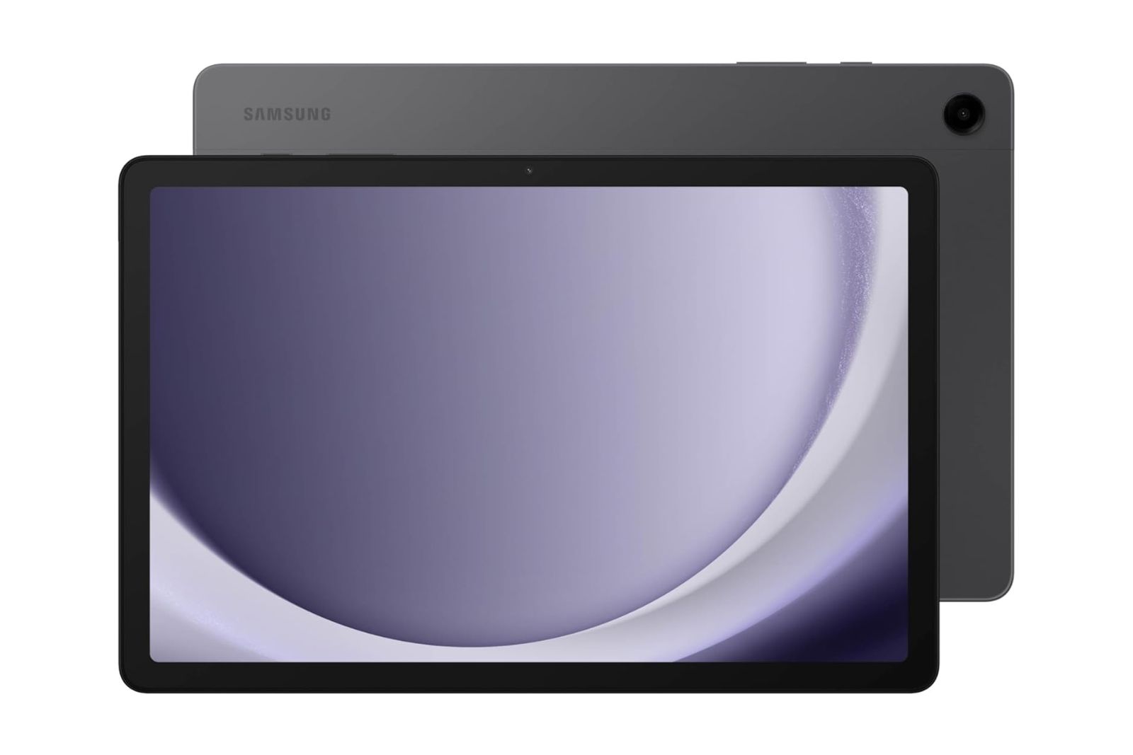 A black and grey Samsung tablet in horizontal orientation on a white background.