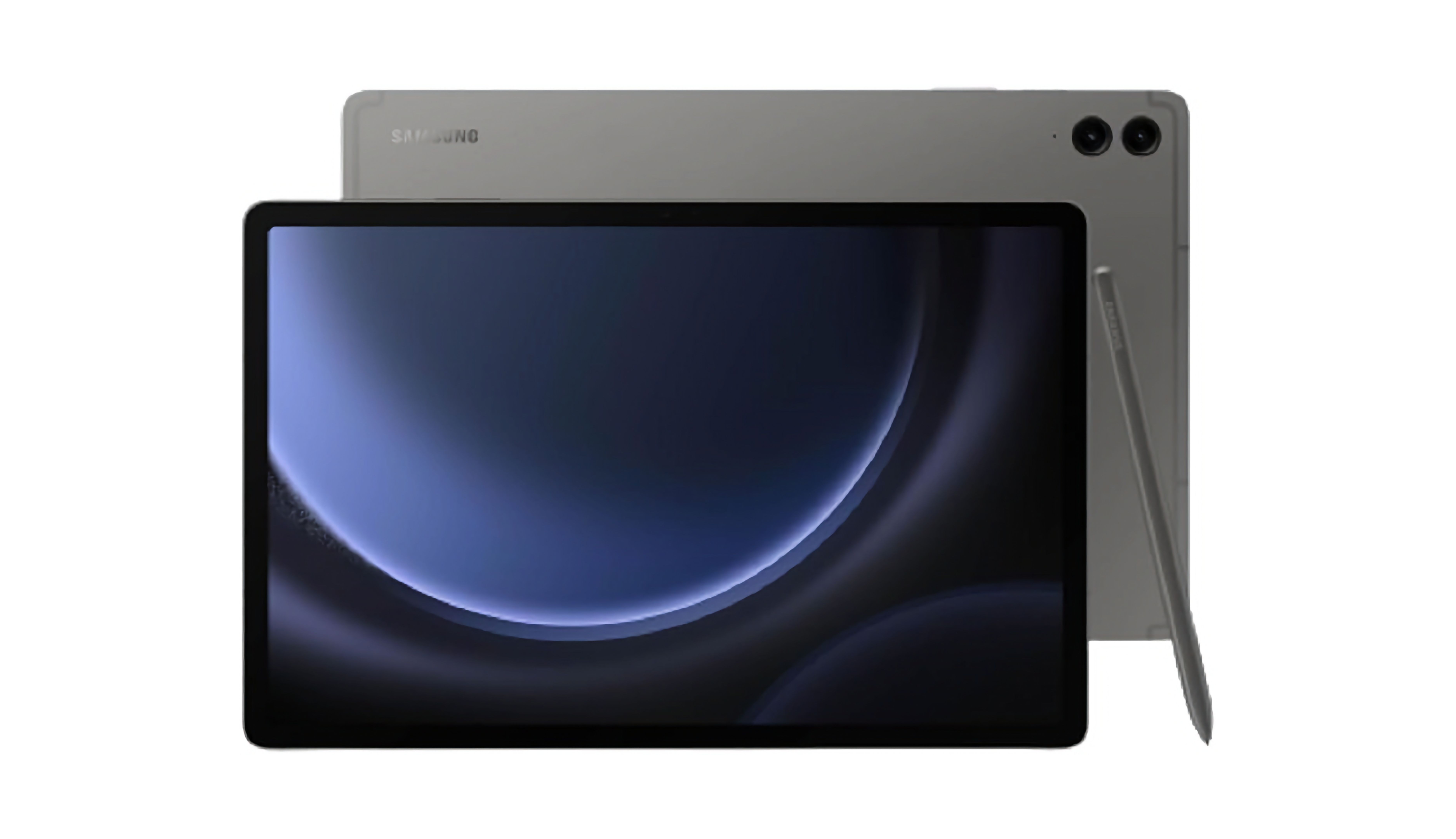 A Samsung tablet with its screen facing the camera in front of a tablet with it's back facing the camera, with a stylus leaning on the side.