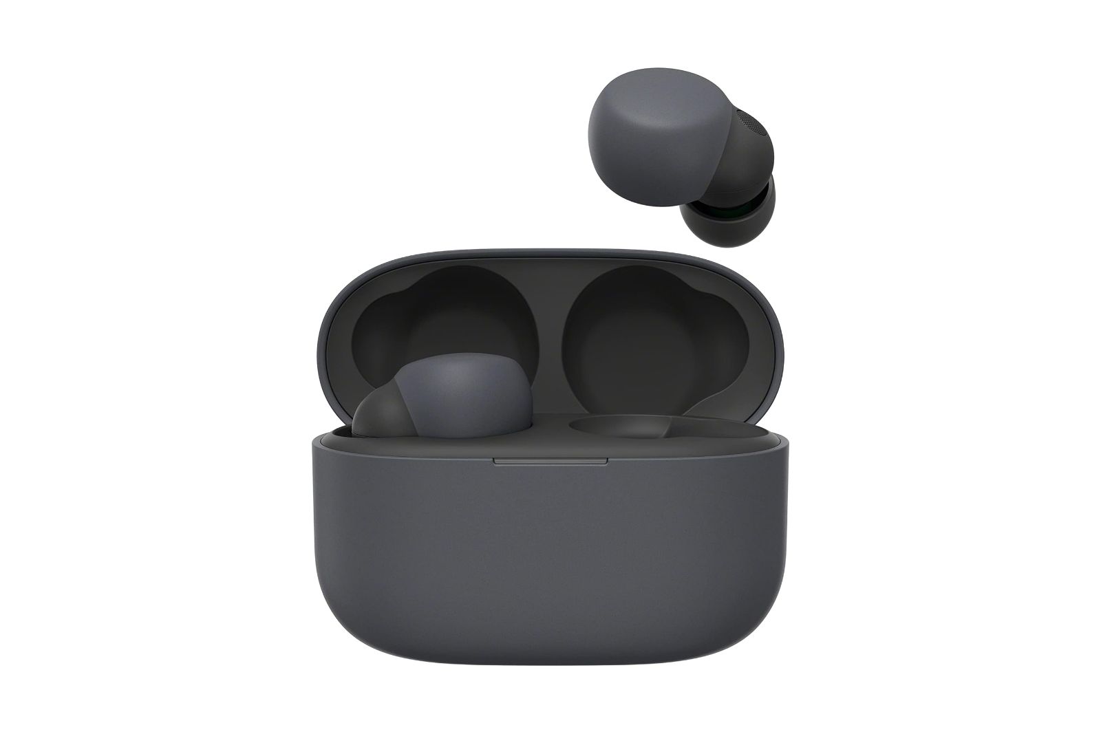 Bluish gray wireless earbuds floating above a charging case.