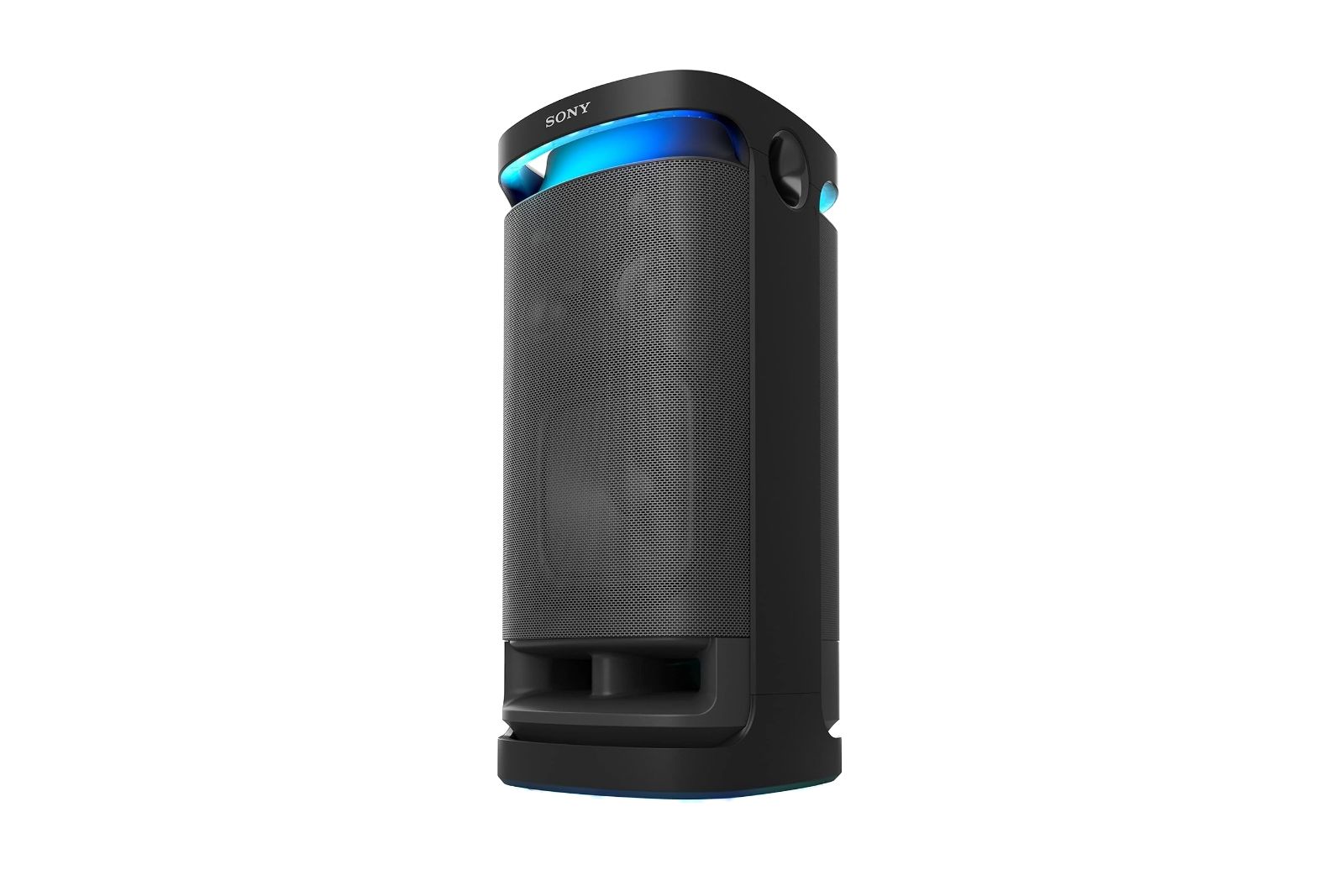 A large black and gray party speaker with glowing lights at the top.