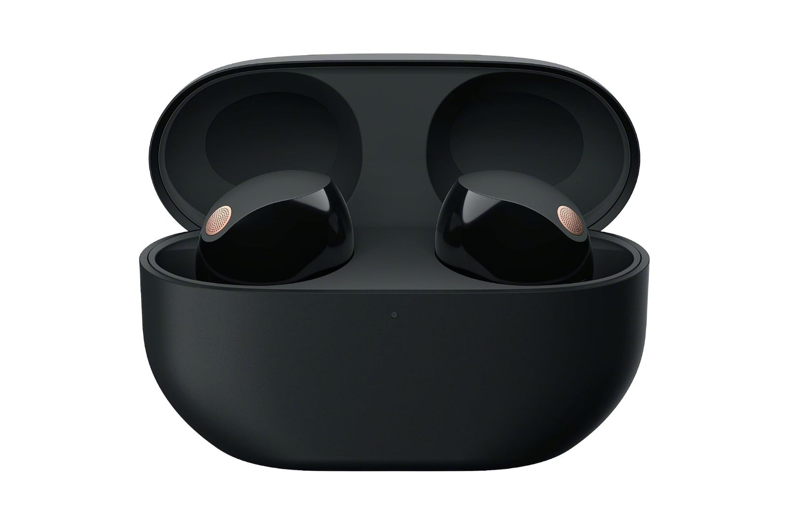 Black wireless earbuds with gold accents in a black case.