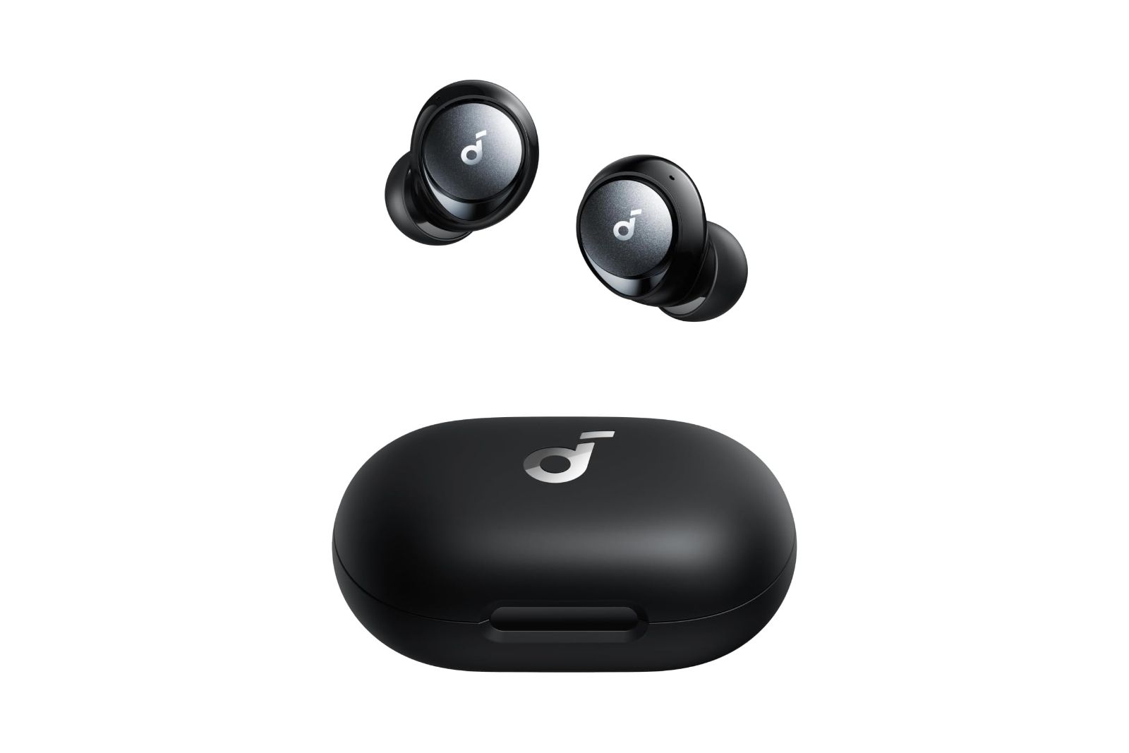 Black wireless earbuds floating over a black case.