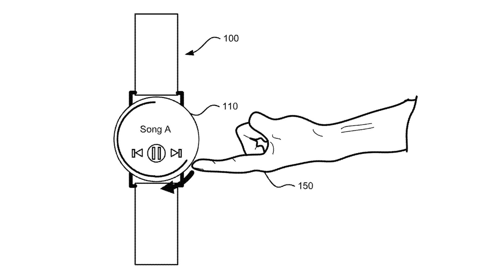 The patent image shows the gestures used to control the watch.