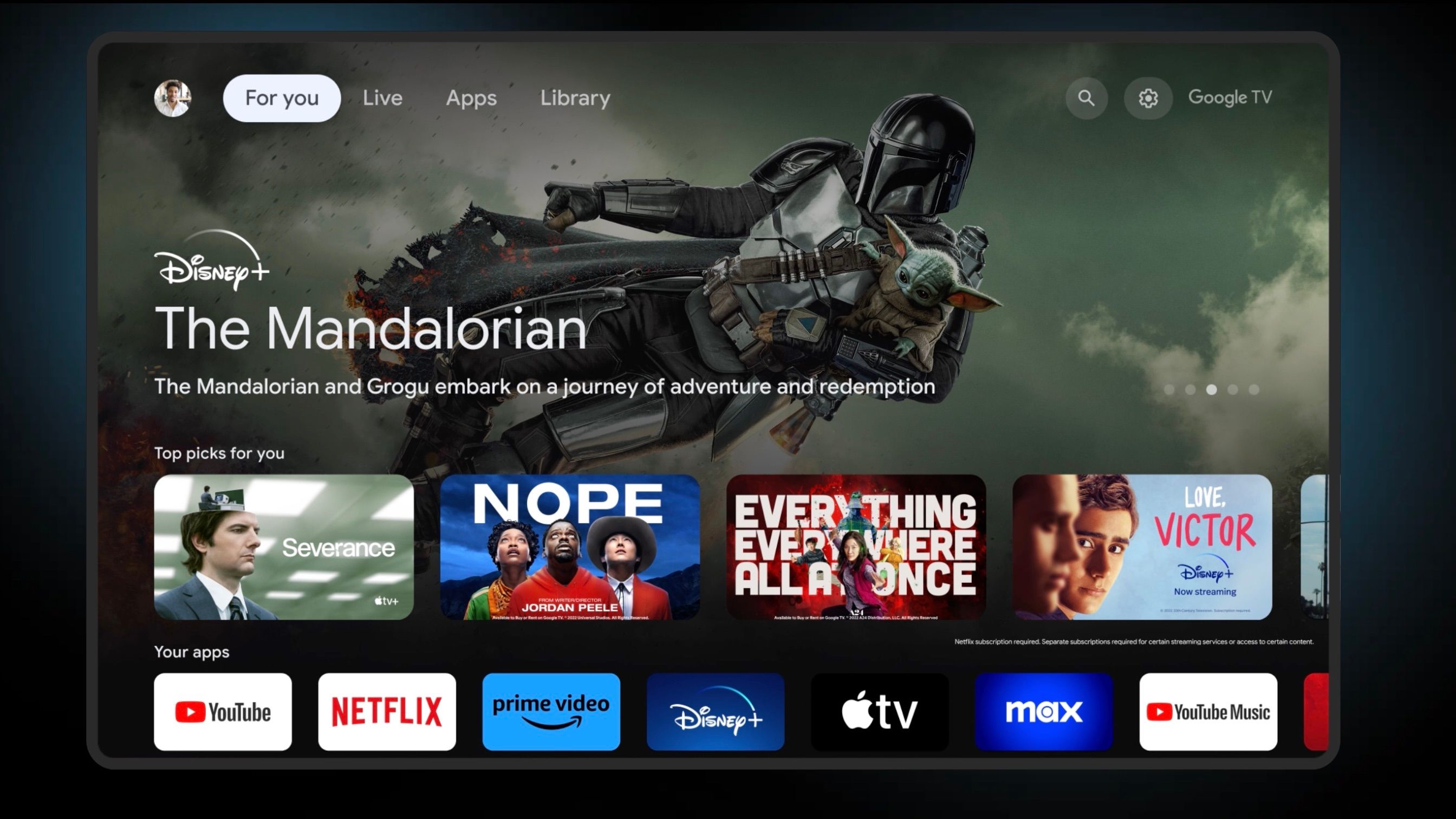 Google TV interface featuring Disney+'s The Mandalorian.