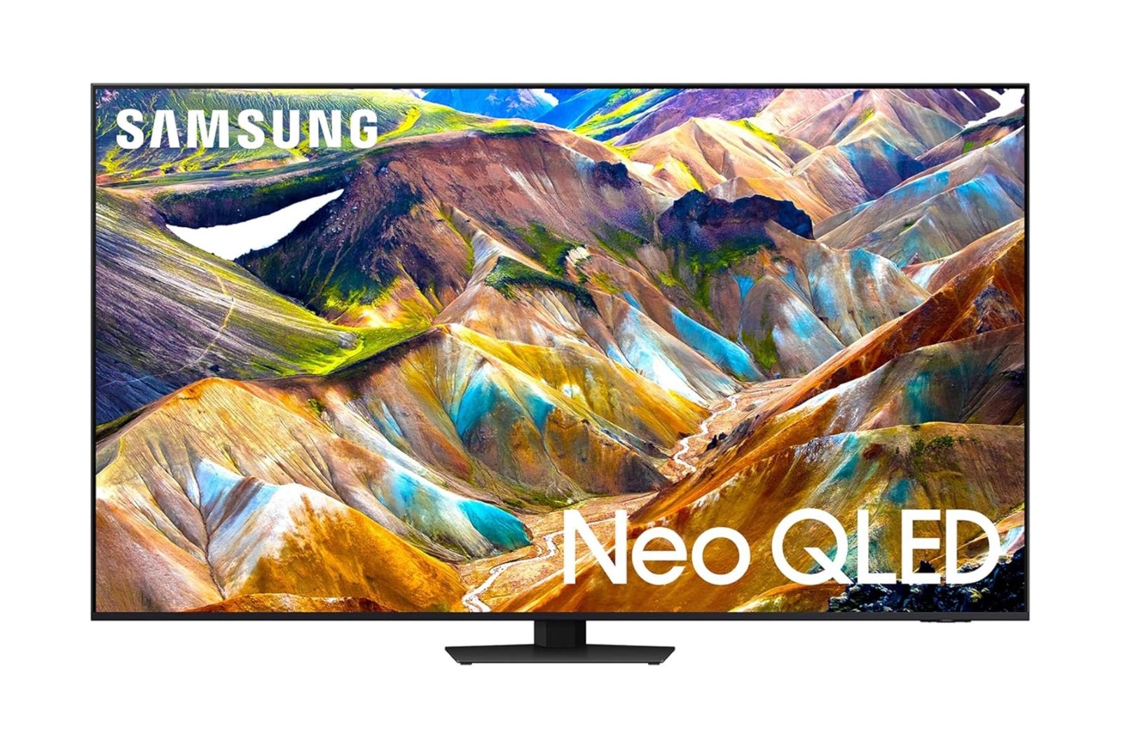 Samsung's cheaper Neo QLED 4K TV with a small rectangular stand and visible bezels.