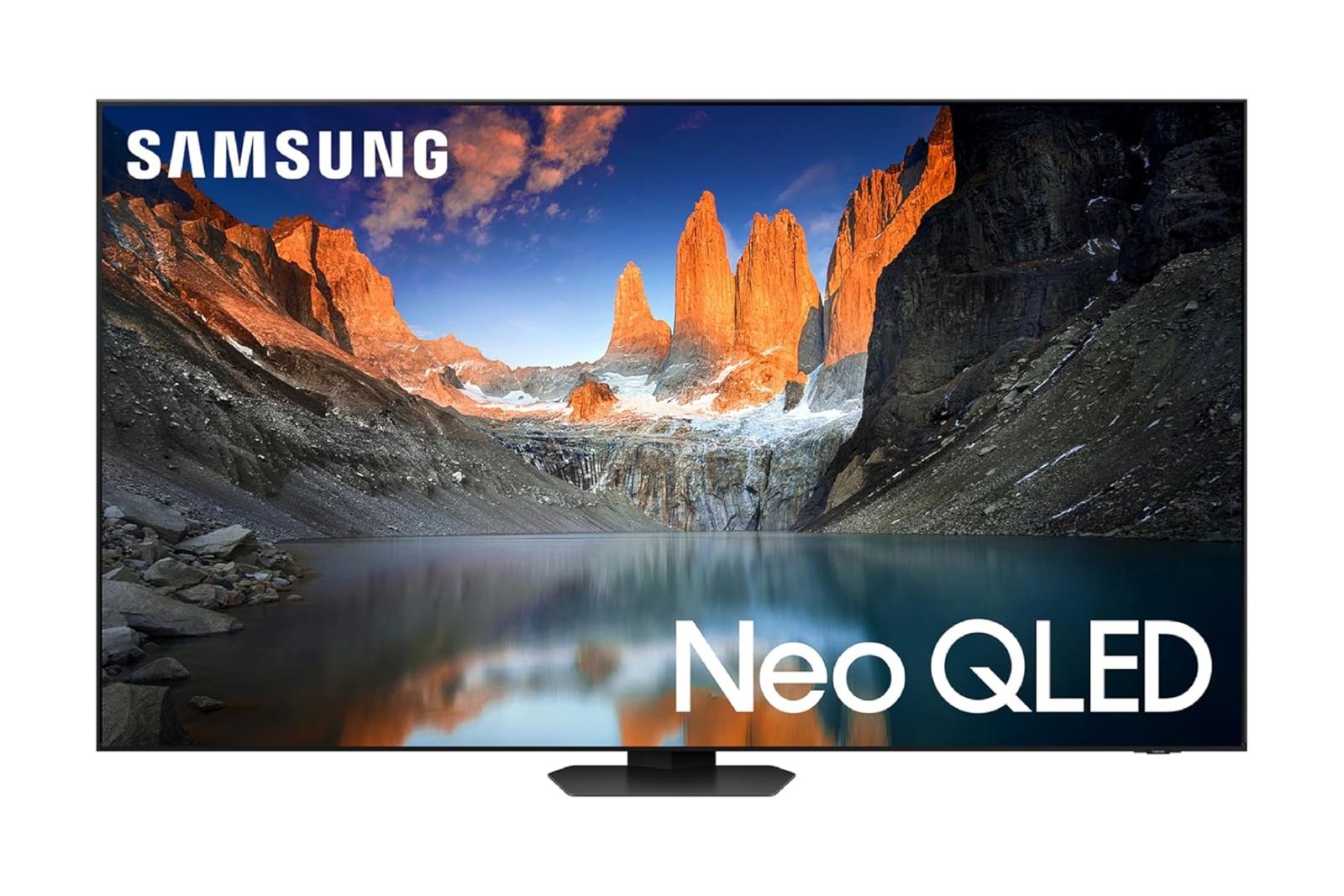 Samsung's Neo QLED 4K TV viewed from the front with a small black stand.