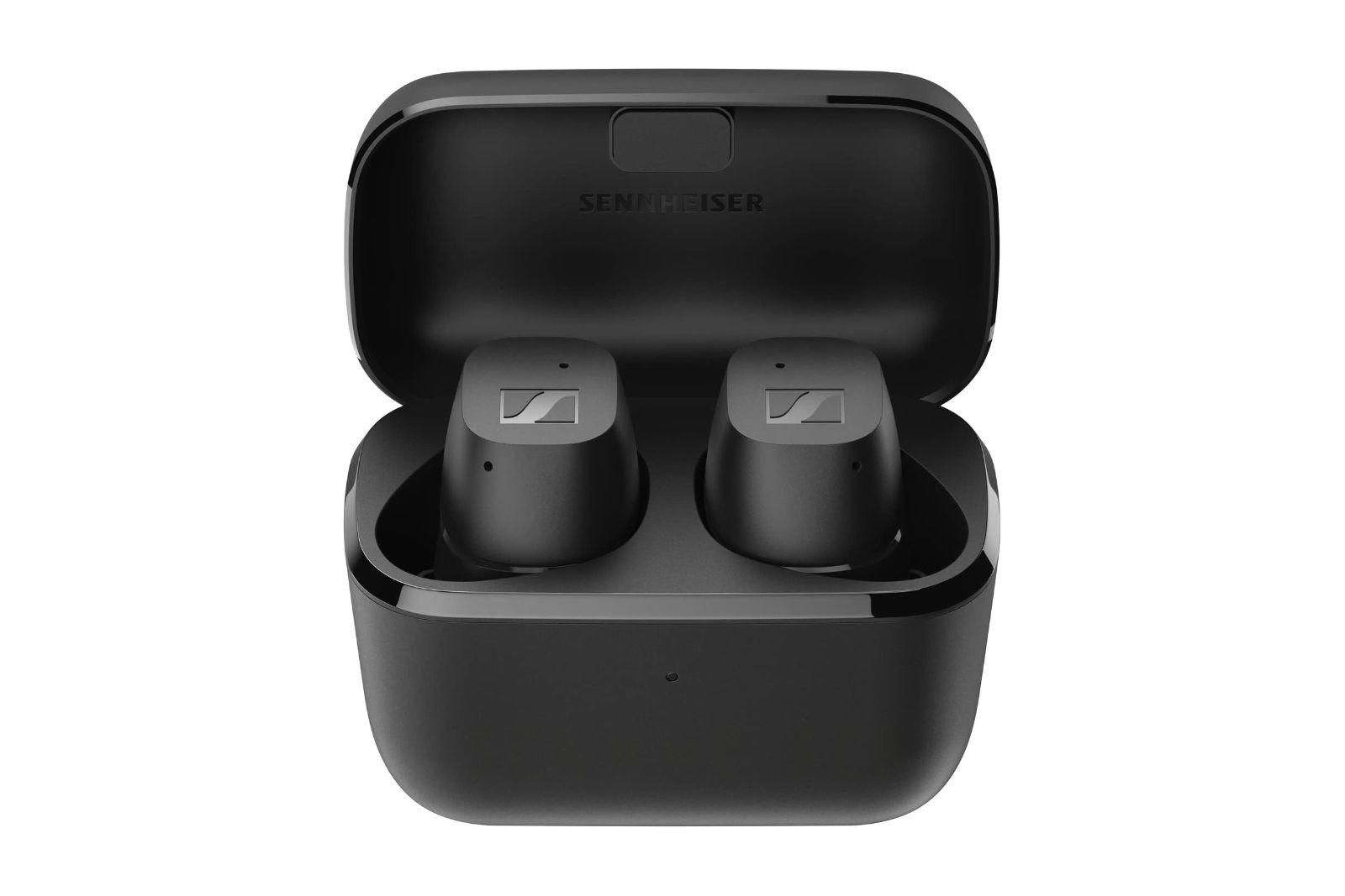 Black rectangular earbuds sitting in a charging case.