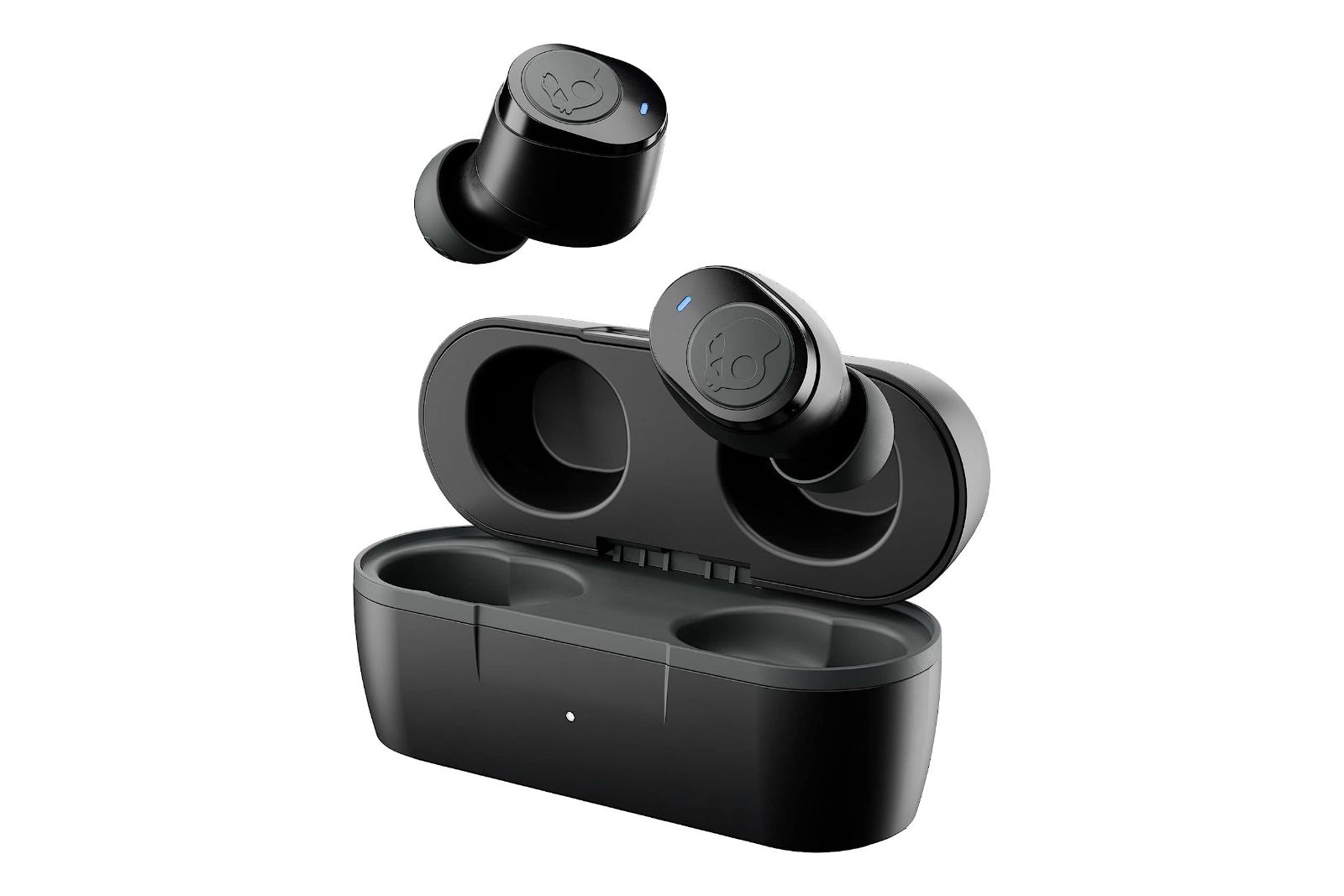 Black wireless earbuds with a skull printed on them floating over a charging case.