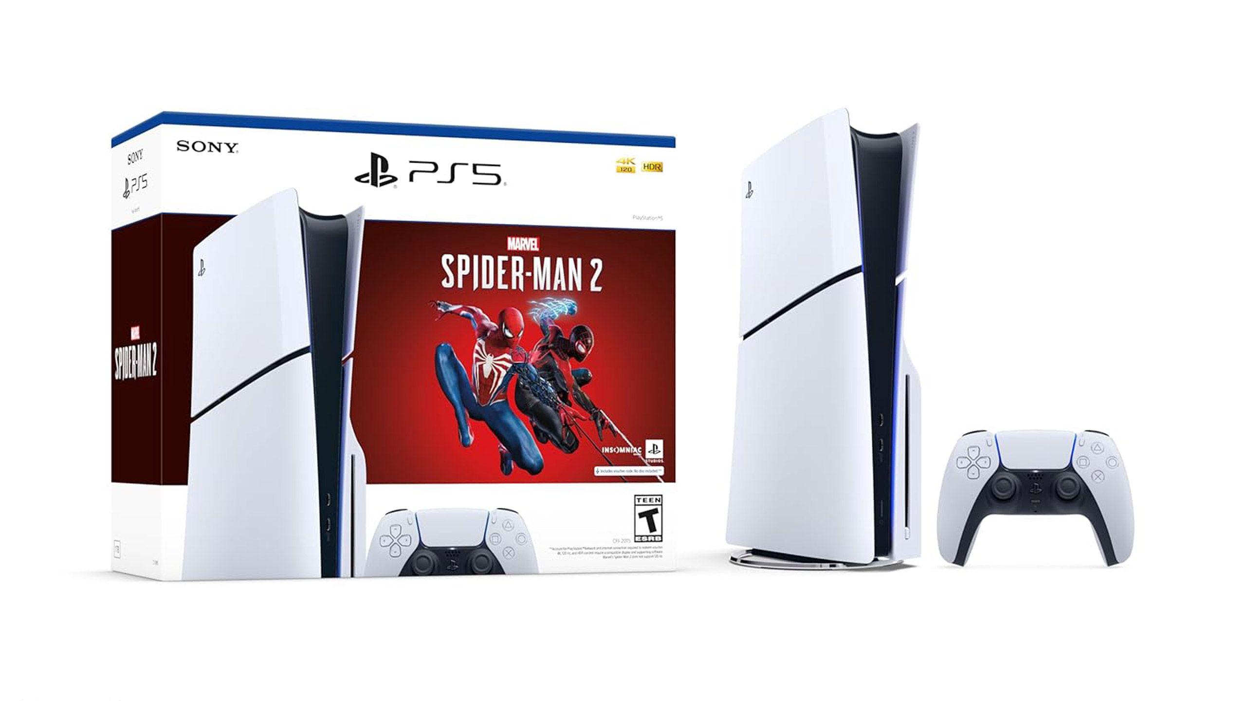 Sony PlayStation 5 Spider-Man 2 bundle on white background