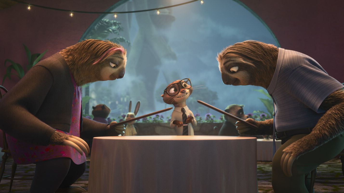 Two sloths order dinner at a restaurant in the Disney+ series Zootopia+