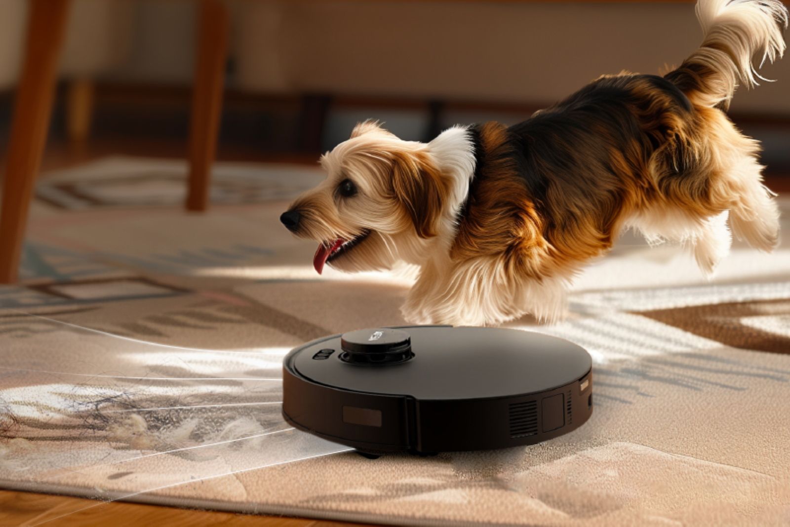 A dog next to the M12 Pro+ vacuuming hair