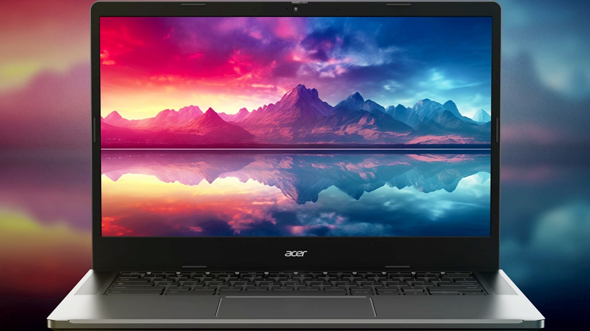 یک Acer Chromebook Plus 514 در مقابل پس‌زمینه‌ای رنگارنگ.
