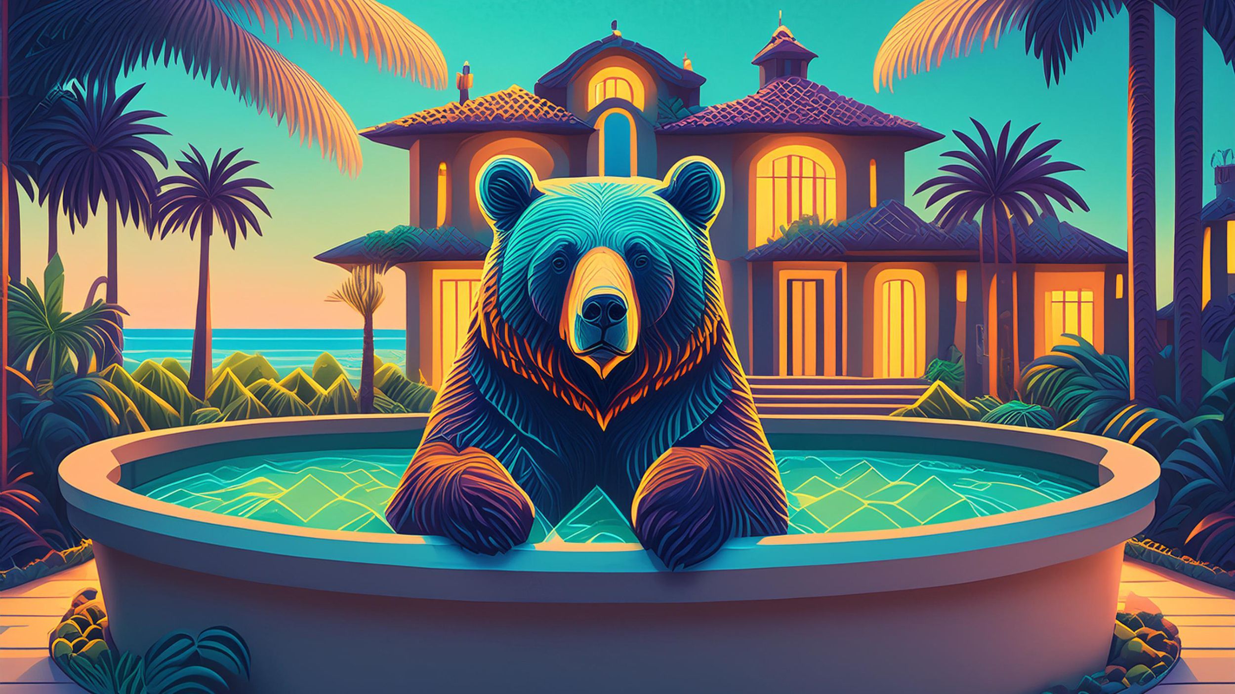 A grizzly bear sits in a hot tub
