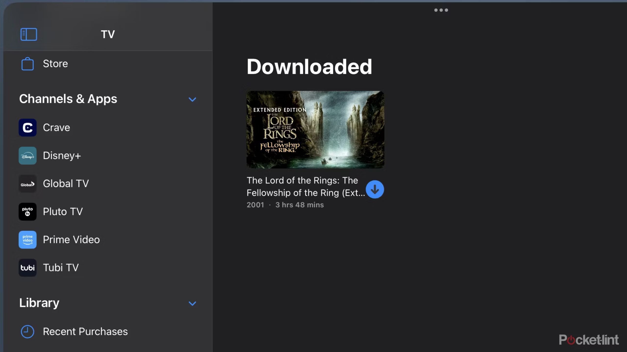 An image of Lord of the Rings: The Fellowship of the Ring (Extended Edition) downloaded in the Apple TV Plus library. 