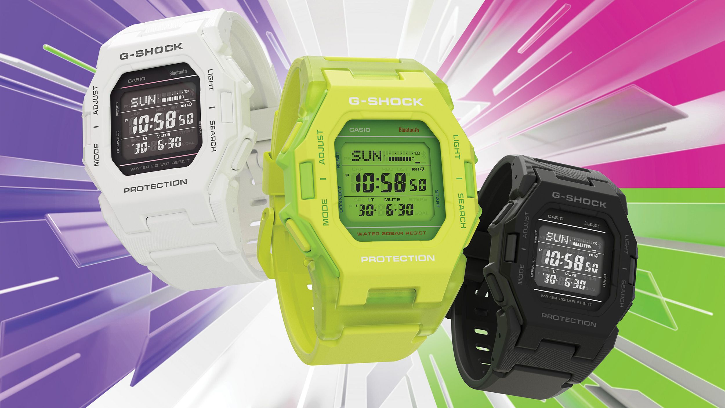 Three Casio G-Shock Digital Basic GDB500 series watches against a colorful background. 