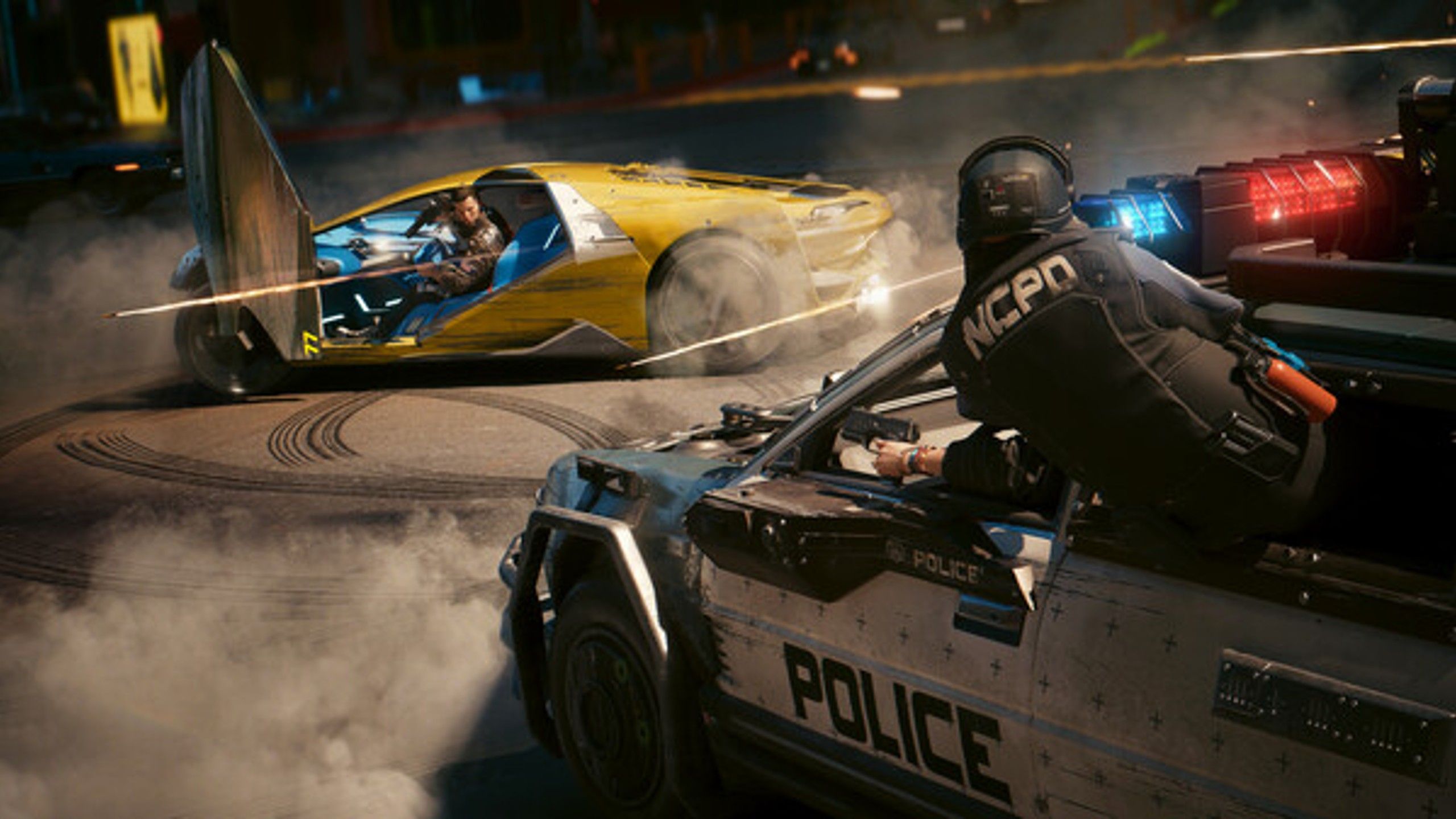 A shootout with police in Cyberpunk 2077.