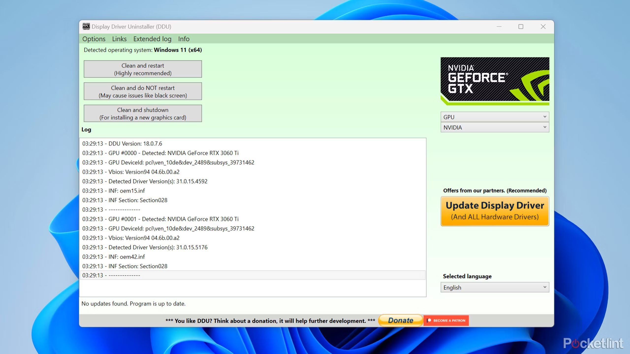 Display Driver Uninstaller application running on Windows 11 desktop.