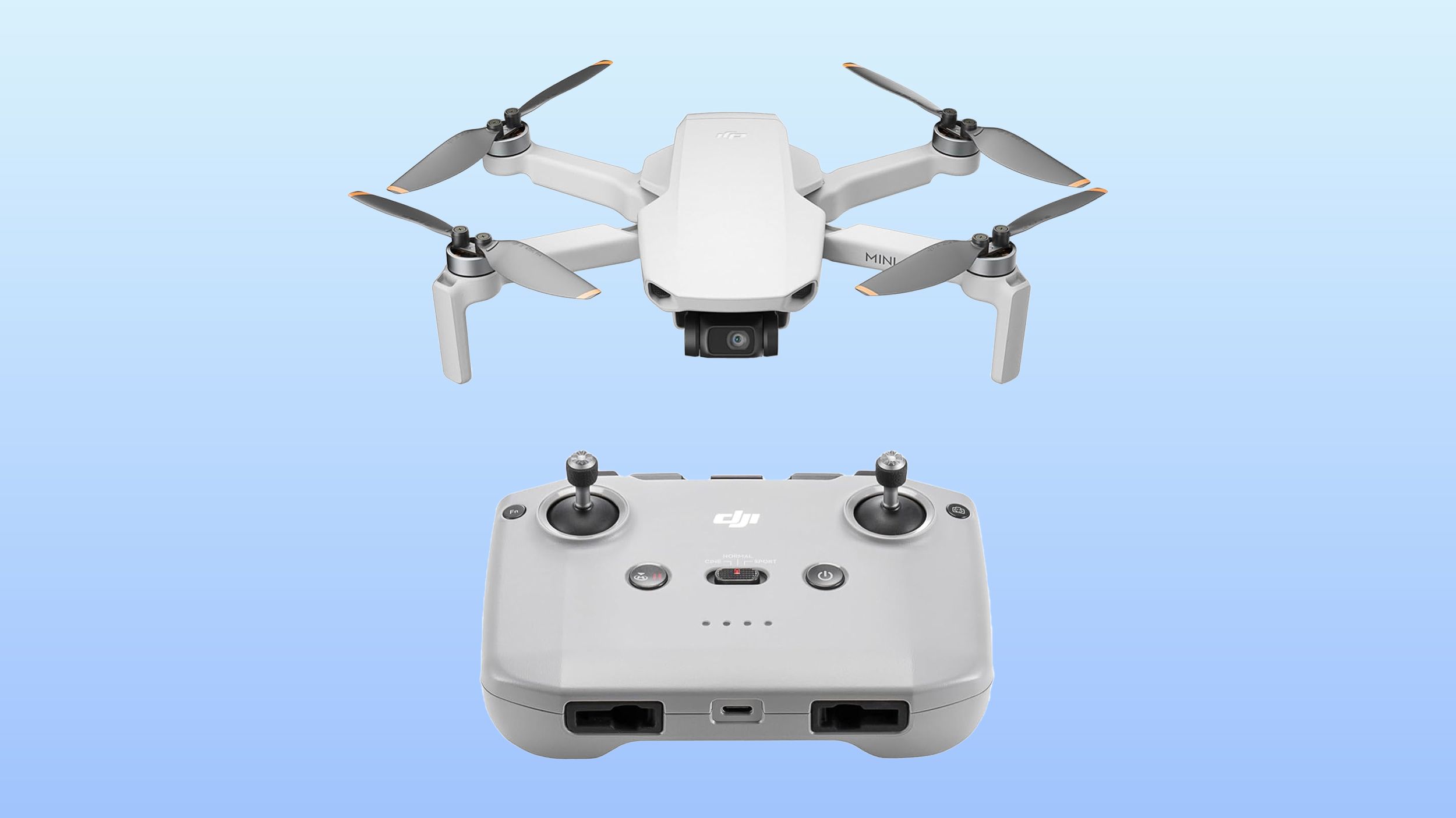 The DJI Mini 4K drone and controller against a light blue gradient background. 