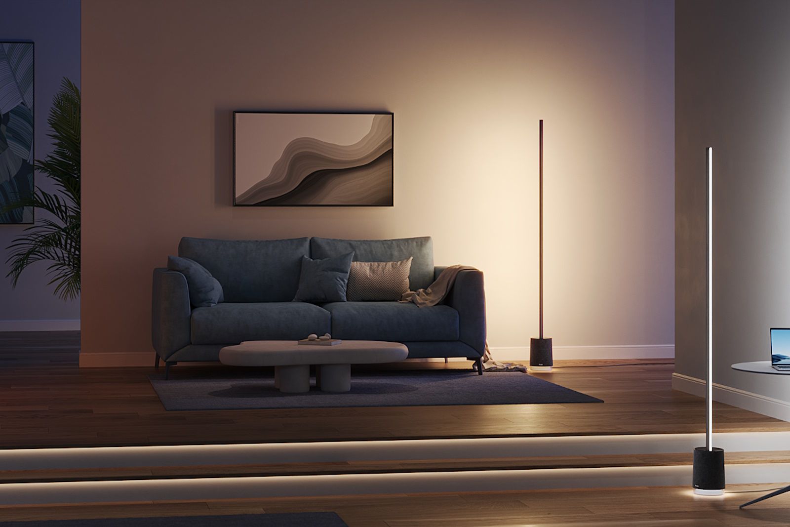 Two tall floor lamps in a modern living room