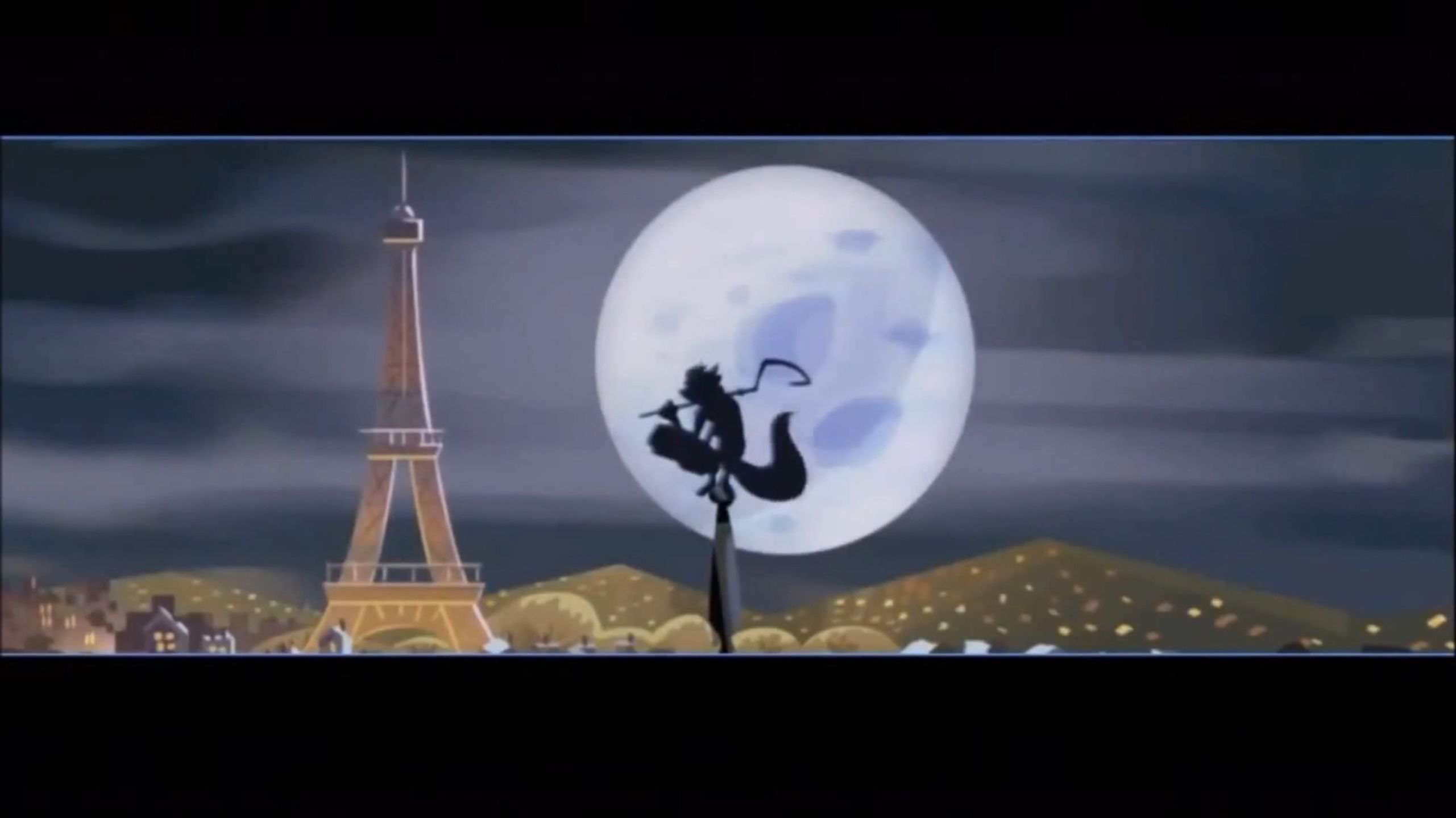 Sly Cooper as a silhouette balancing on a rooftop against the full moon beside the Eiffel Tower.