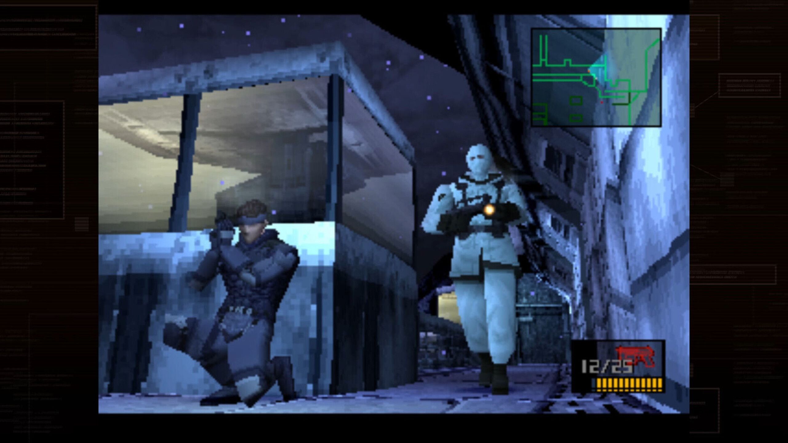 A screen grab from Metal Gear Solid of one character hiding behind a wall while another approaches on patrol. 