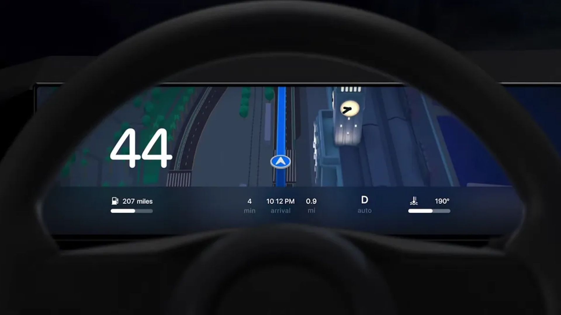 Apple Maps navigation in a next-gen CarPlay instrument cluster.