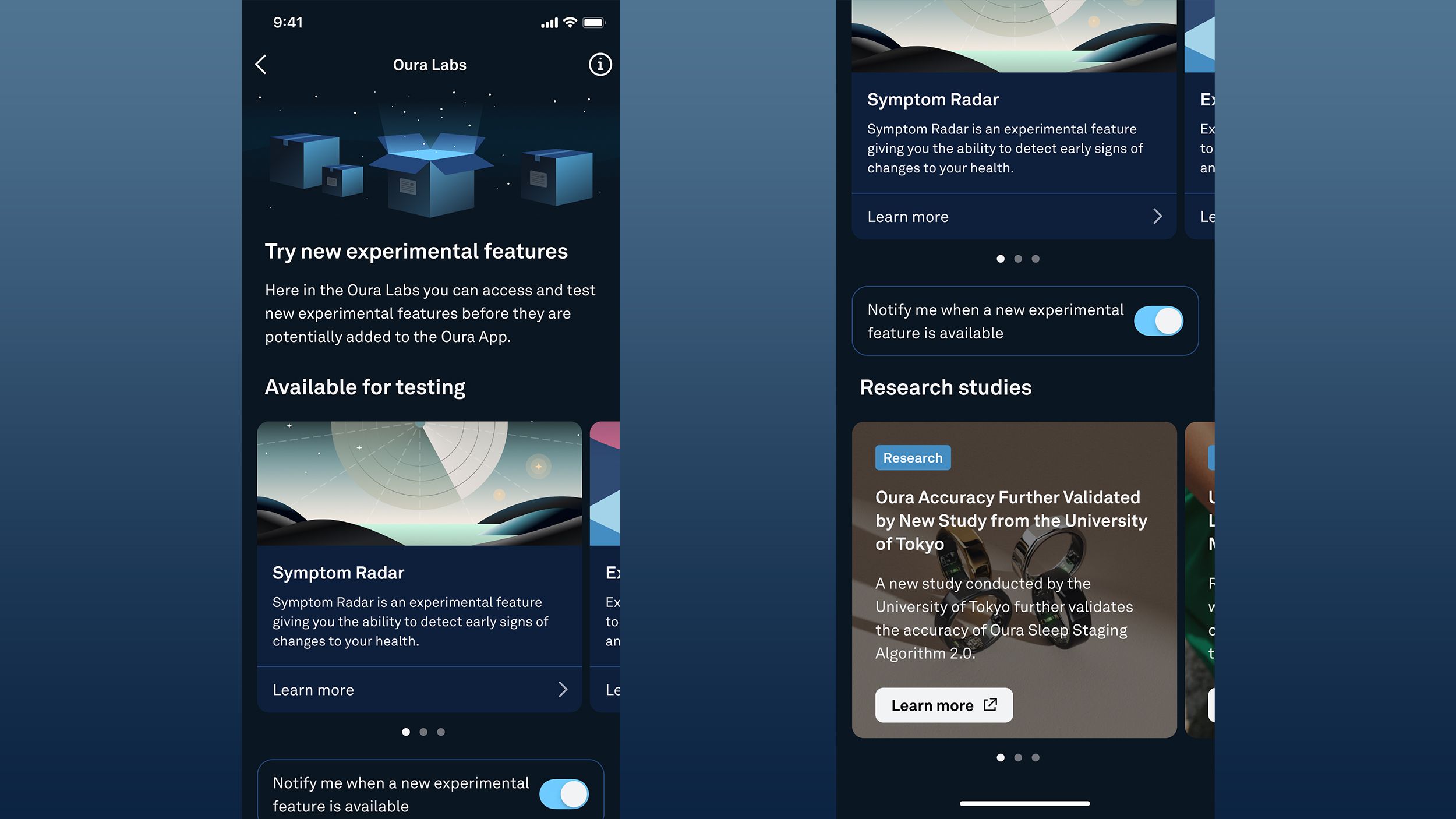Two screenshots of the Oura Labs app feature against a blue gradient. 