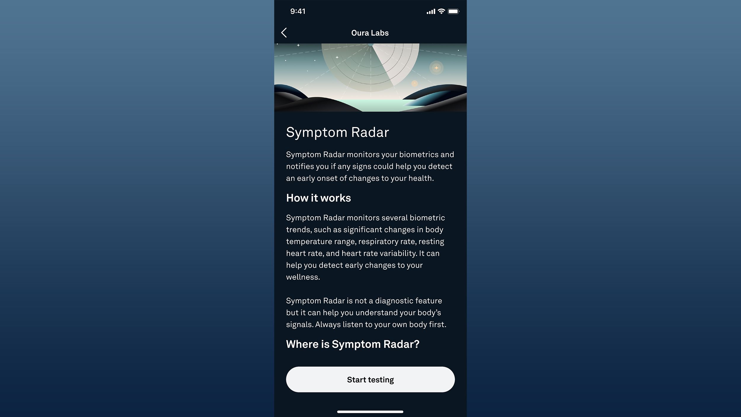 A screenshot of Oura Labs Symptom Radar feature against a blue gradient. 