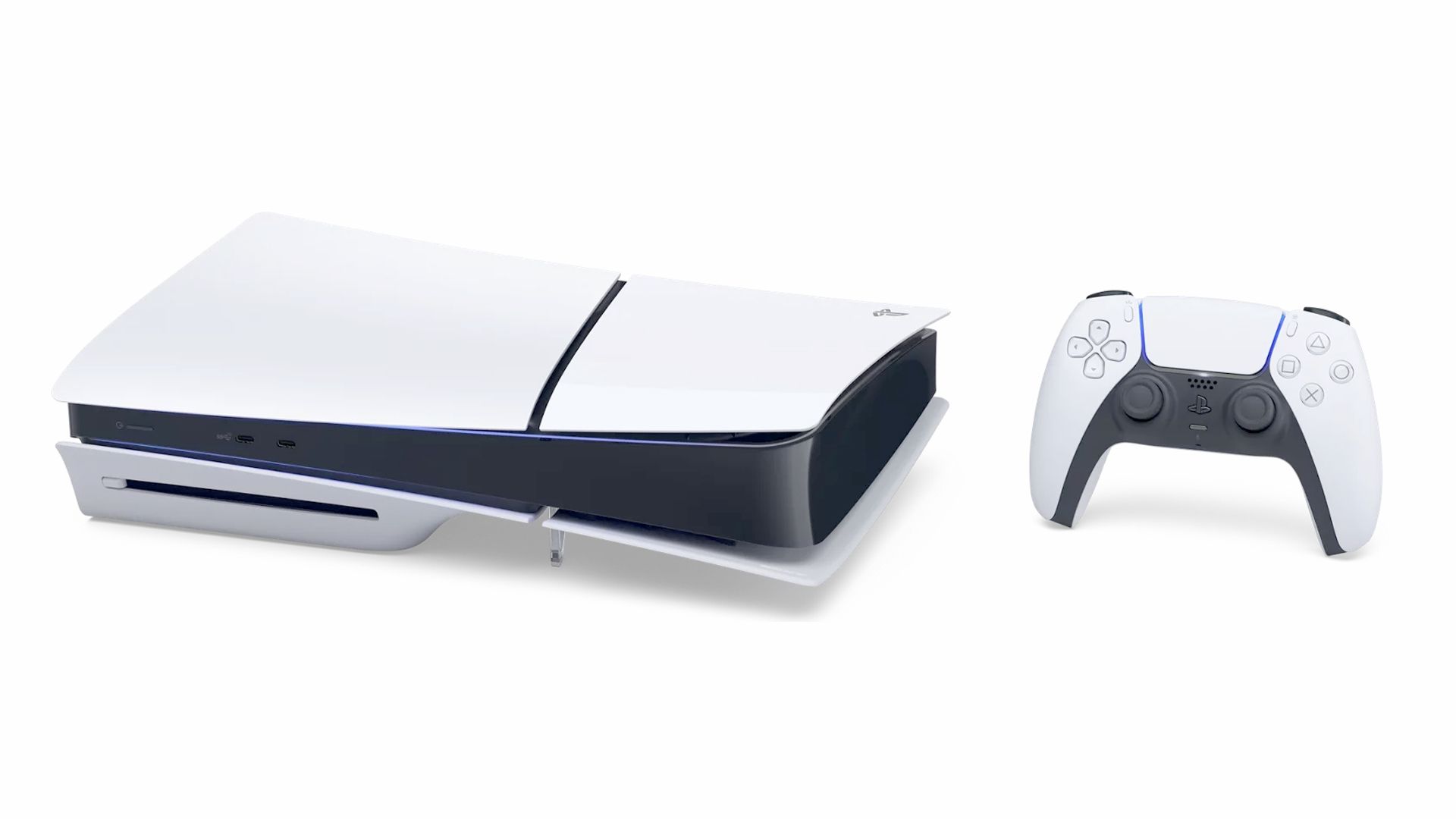 An isometric view of the PS5 Slim and a DualSense controller.