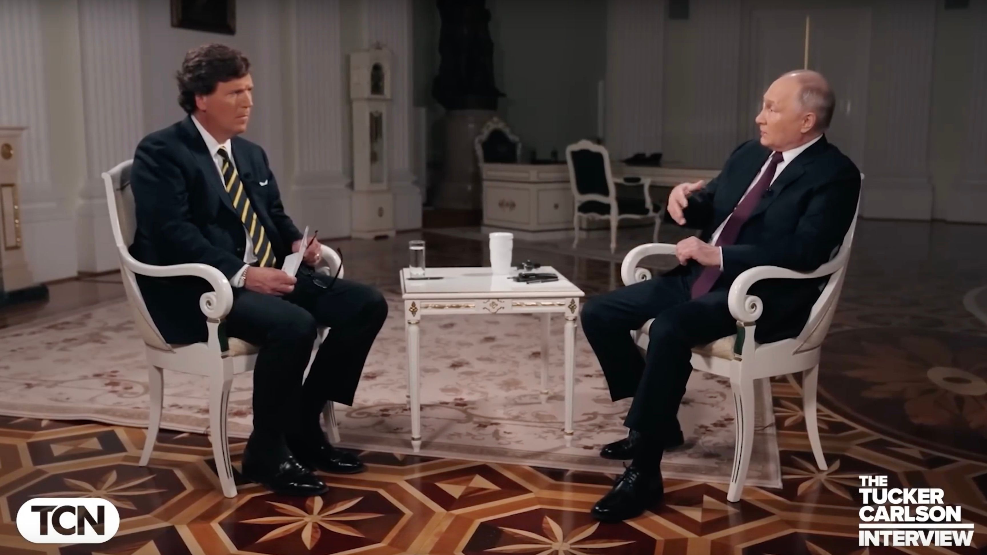 A screenshot of the Tucker Carlson interview with Vladimir Putin