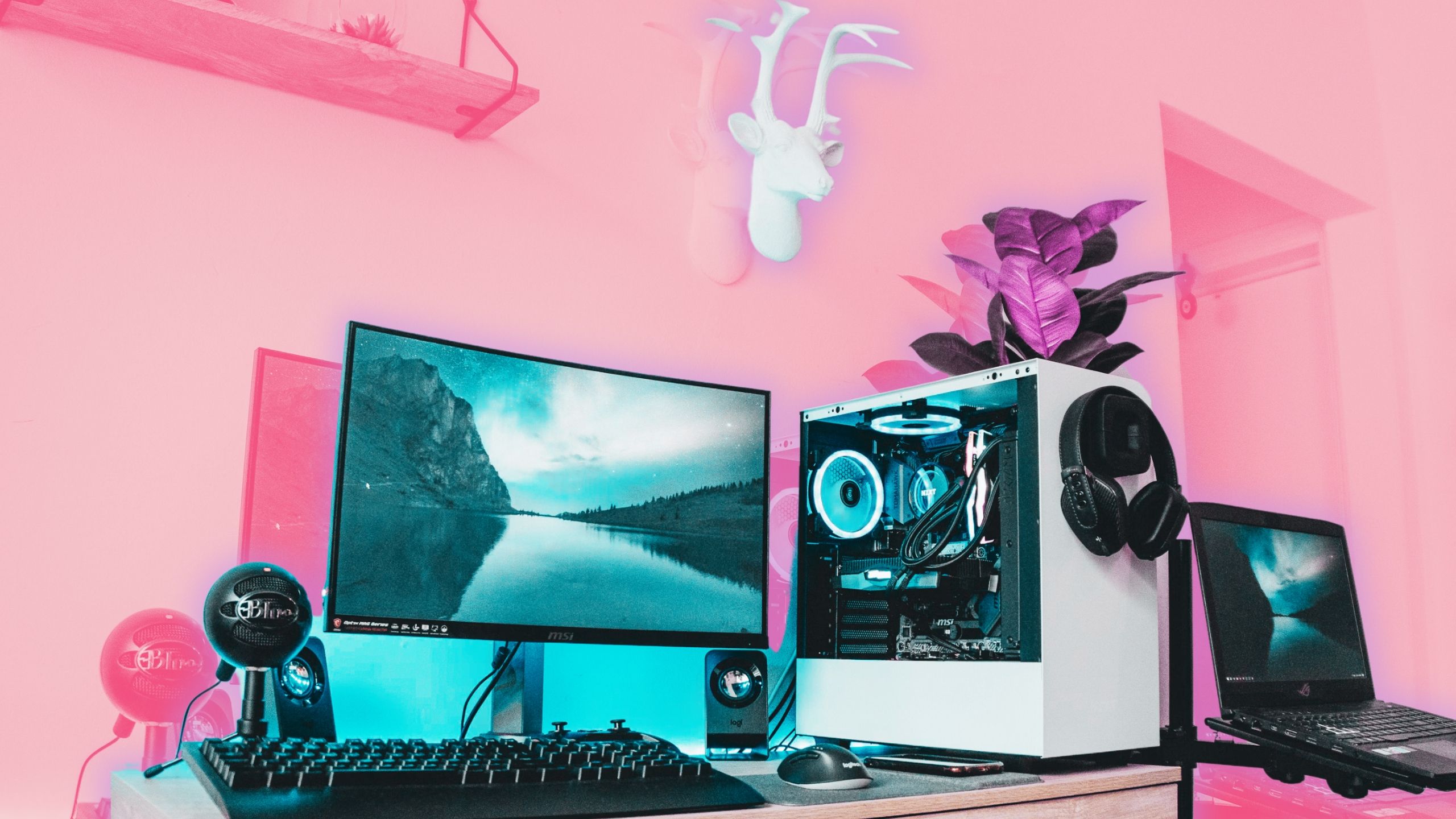 A PC gaming rig with a pink background