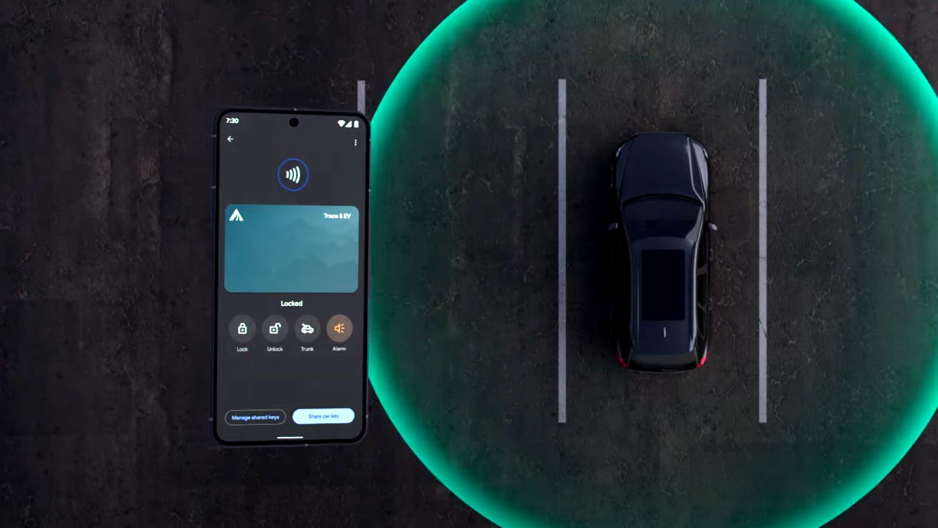 A render illustrating the connection between an Android car key and black SUV